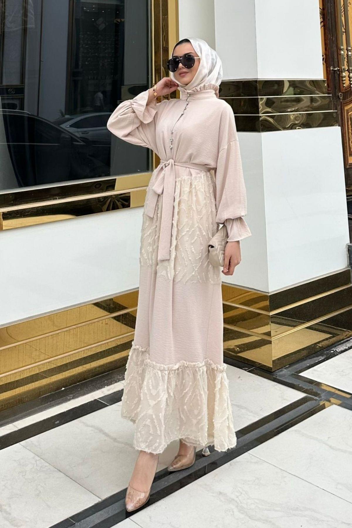 Olive Elbise Bej, Fiyatları Olive Elbise Bej – Haza Moda | Tesettür Giyim