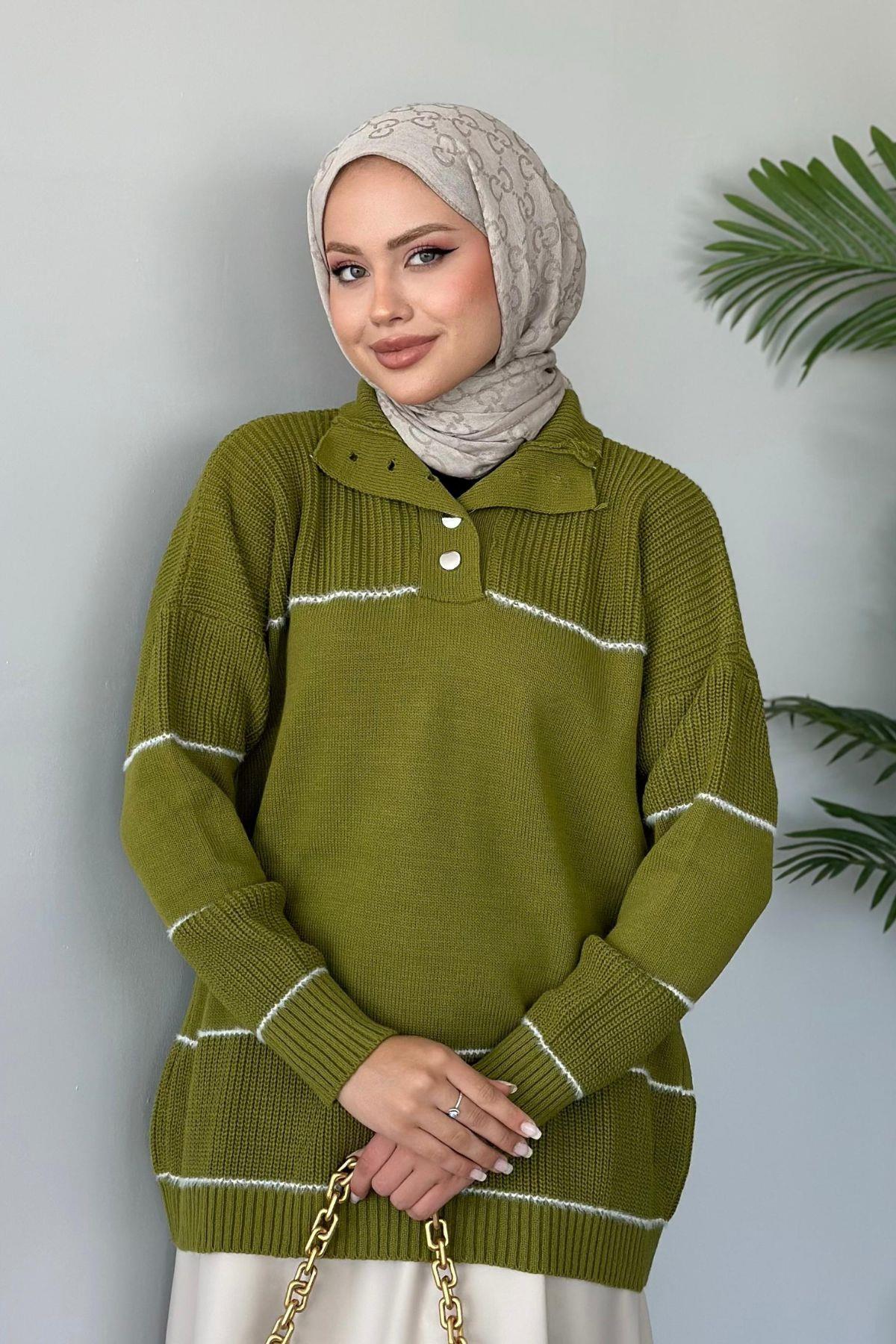 Önden Düğmeli Örme Triko Tunik Yağyeşili, Fiyatları 