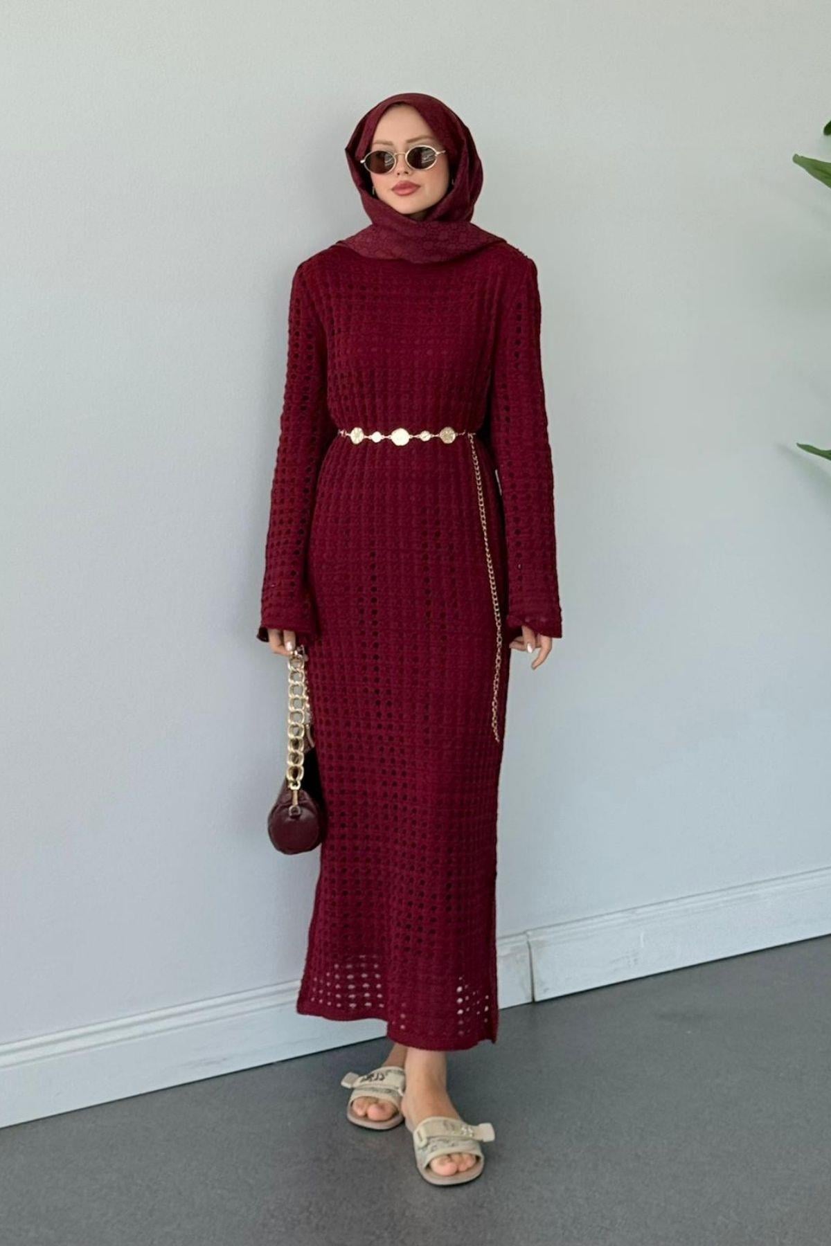 Palmiye Fileli Elbise Bordo, Fiyatları Palmiye Fileli Elbise Bordo- Haza Moda
