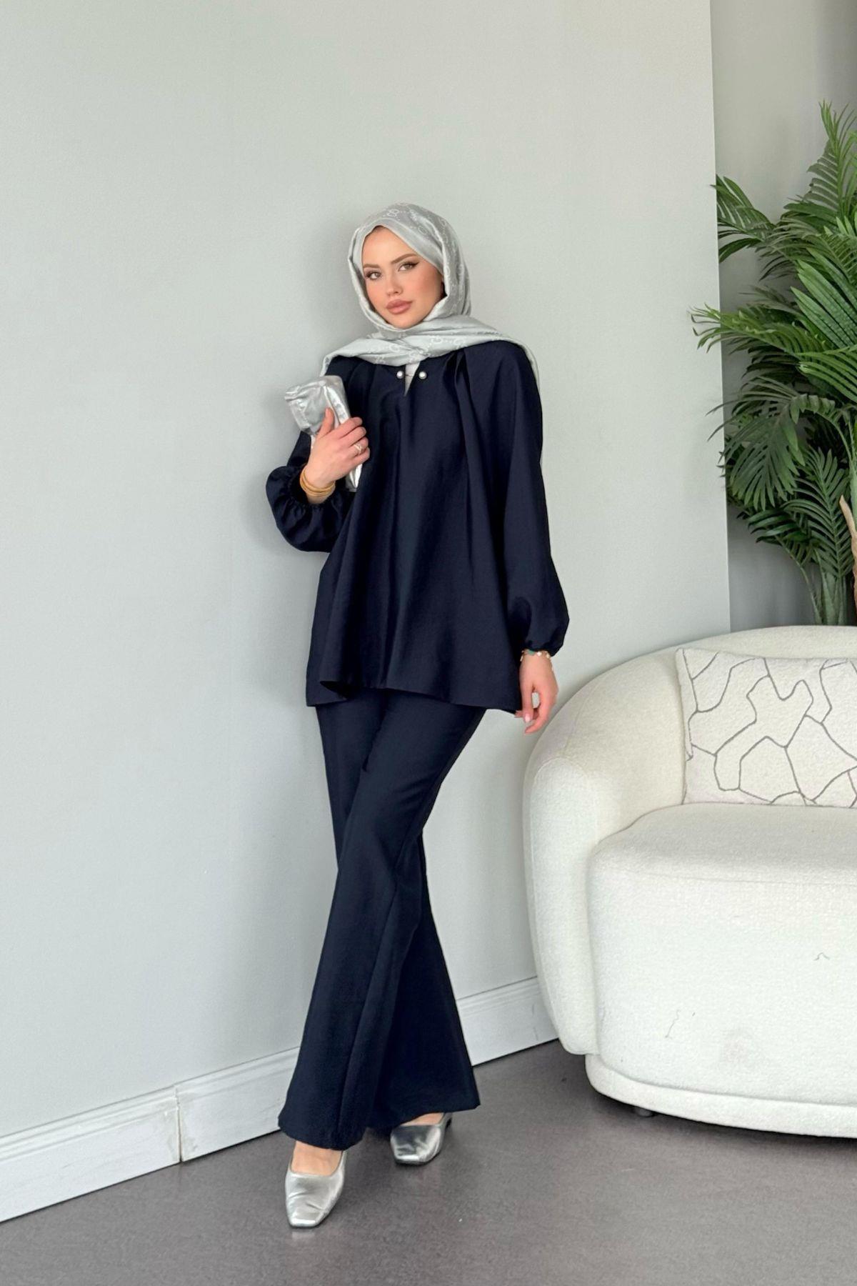 Perna İnci Broşlu Takım Lacivert, Fiyatları Perna İnci Broşlu Takım Lacivert- Haza Moda 