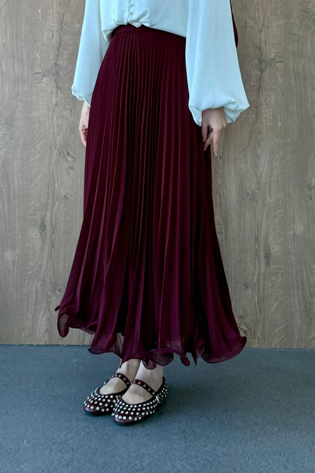 Piliseli Şifon Etek Bordo, Fiyatları Piliseli Şifon Etek Bordo - Haza Moda 