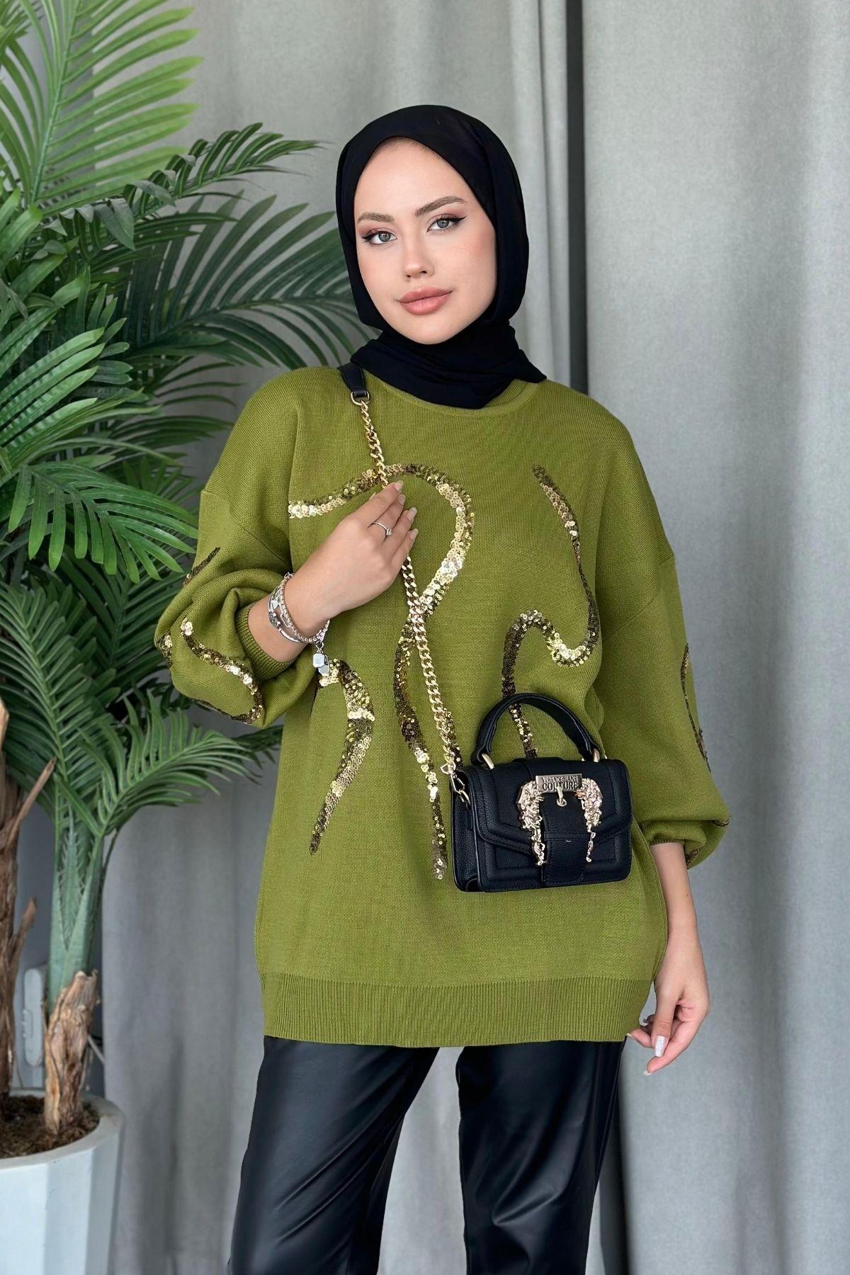 Pullu Triko Tunik Yağyeşili, Fiyatları 