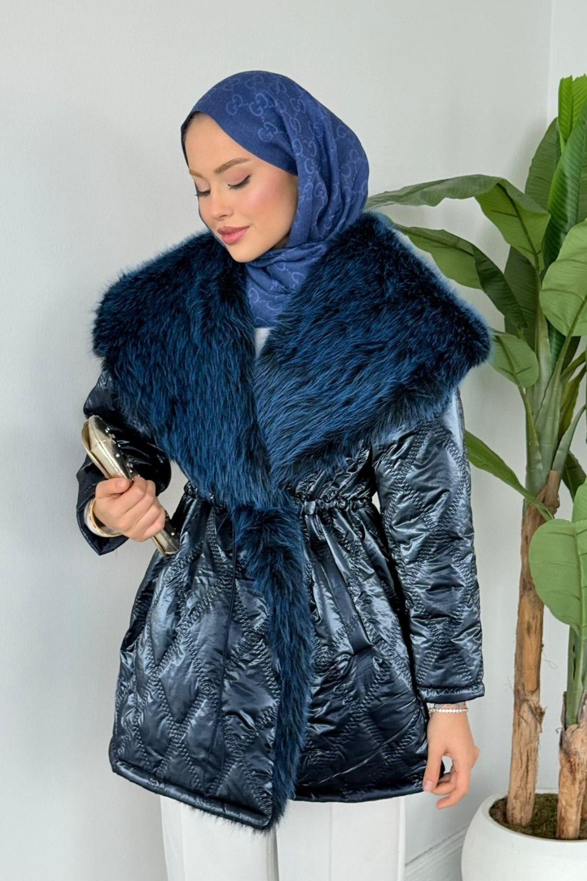 Qua Kürklü Parlak Mont Lacivert, Fiyatları 