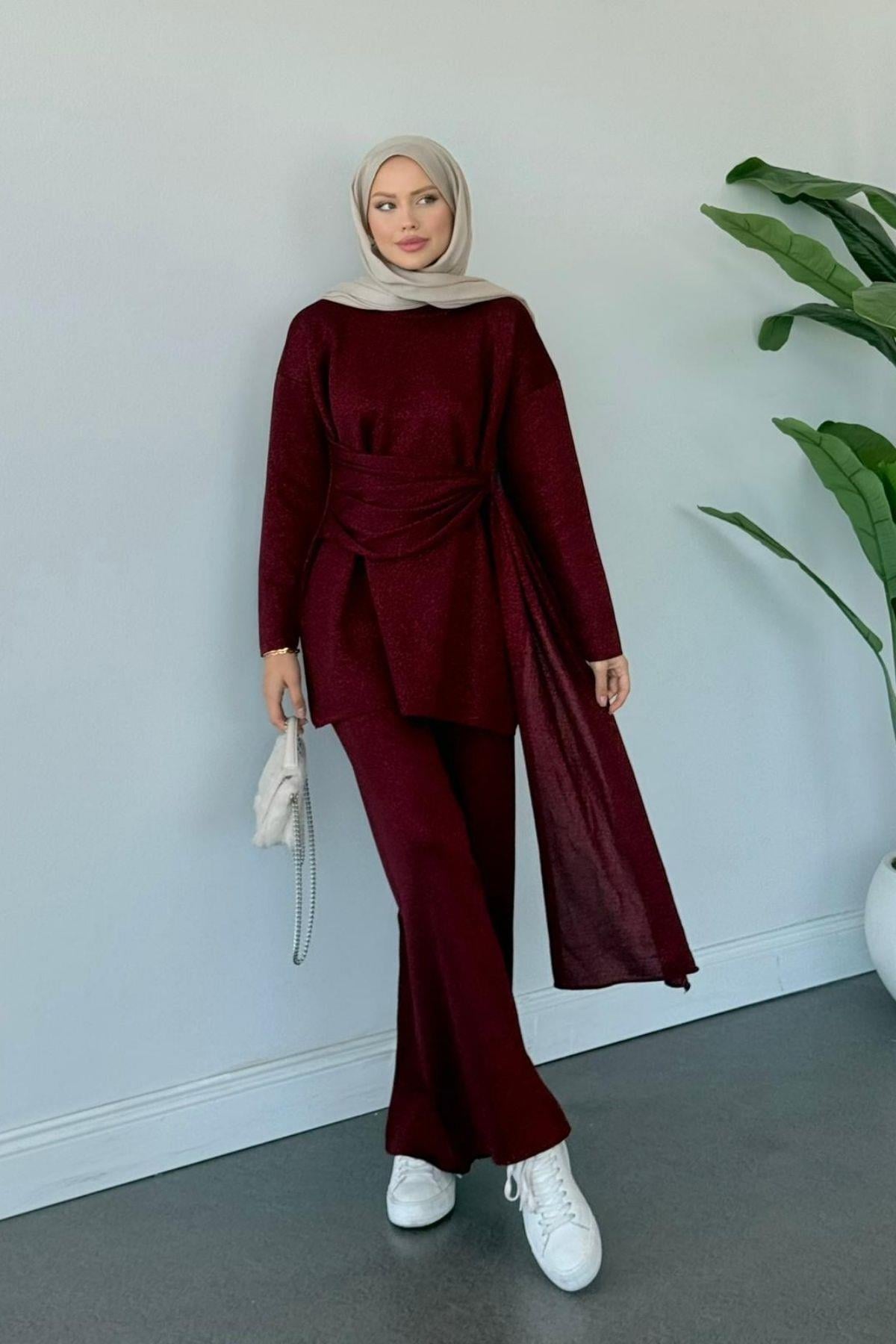Quuen Şal Deytaylı Simli Takım Bordo, Fiyatları Quuen Şal Deytaylı Simli Takım Bordo- Haza Moda 