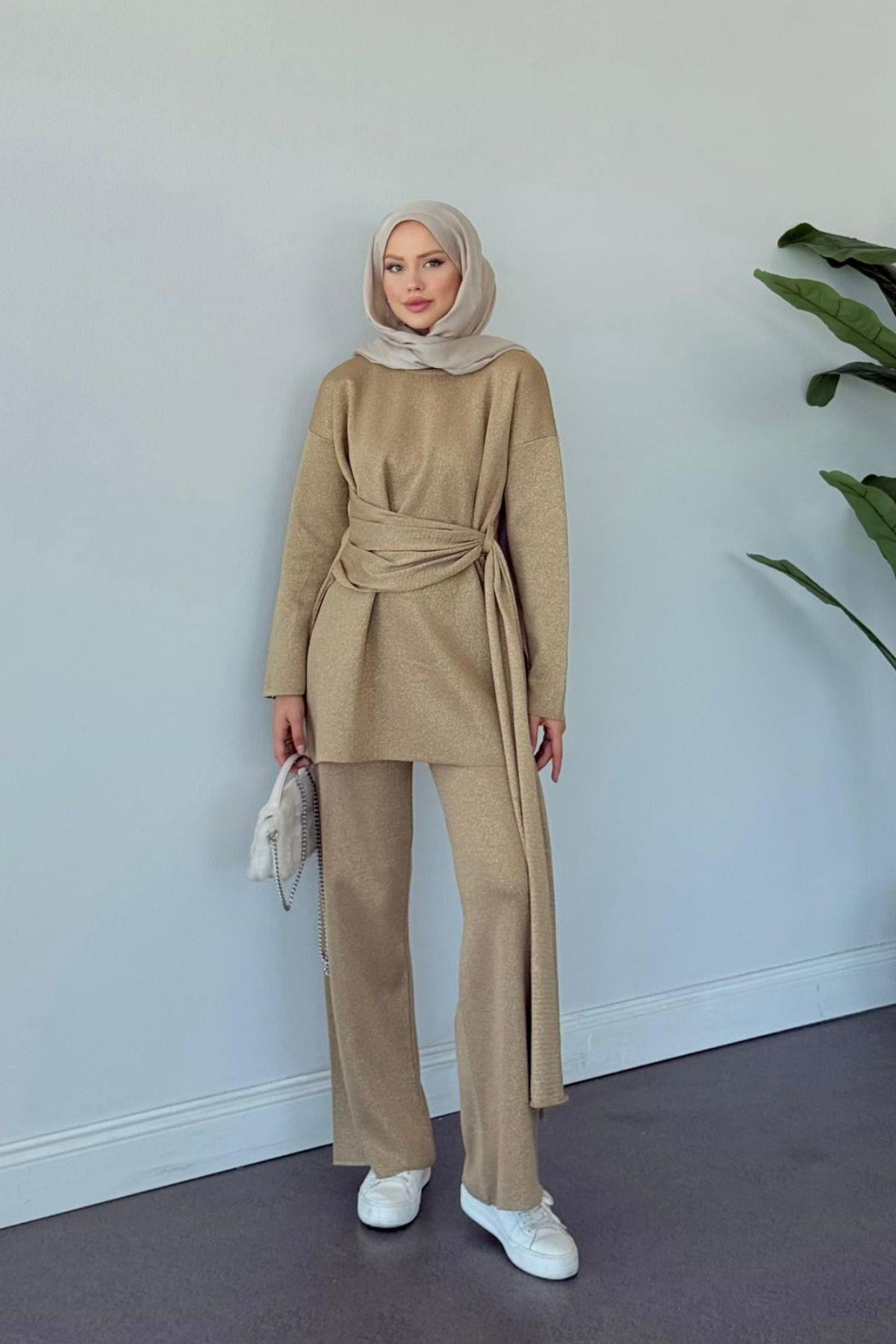Quuen Şal Deytaylı Simli Takım Camel, Fiyatları Quuen Şal Deytaylı Simli Takım Camel- Haza Moda 