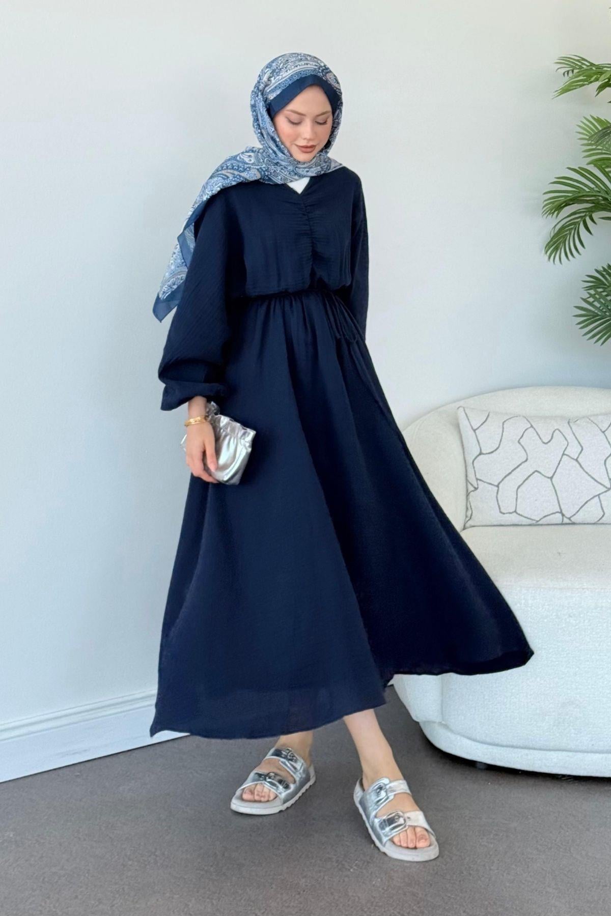 Risal Müslin Elbise Lacivert, Fiyatları Risal Elbise Lacivert- Haza Moda