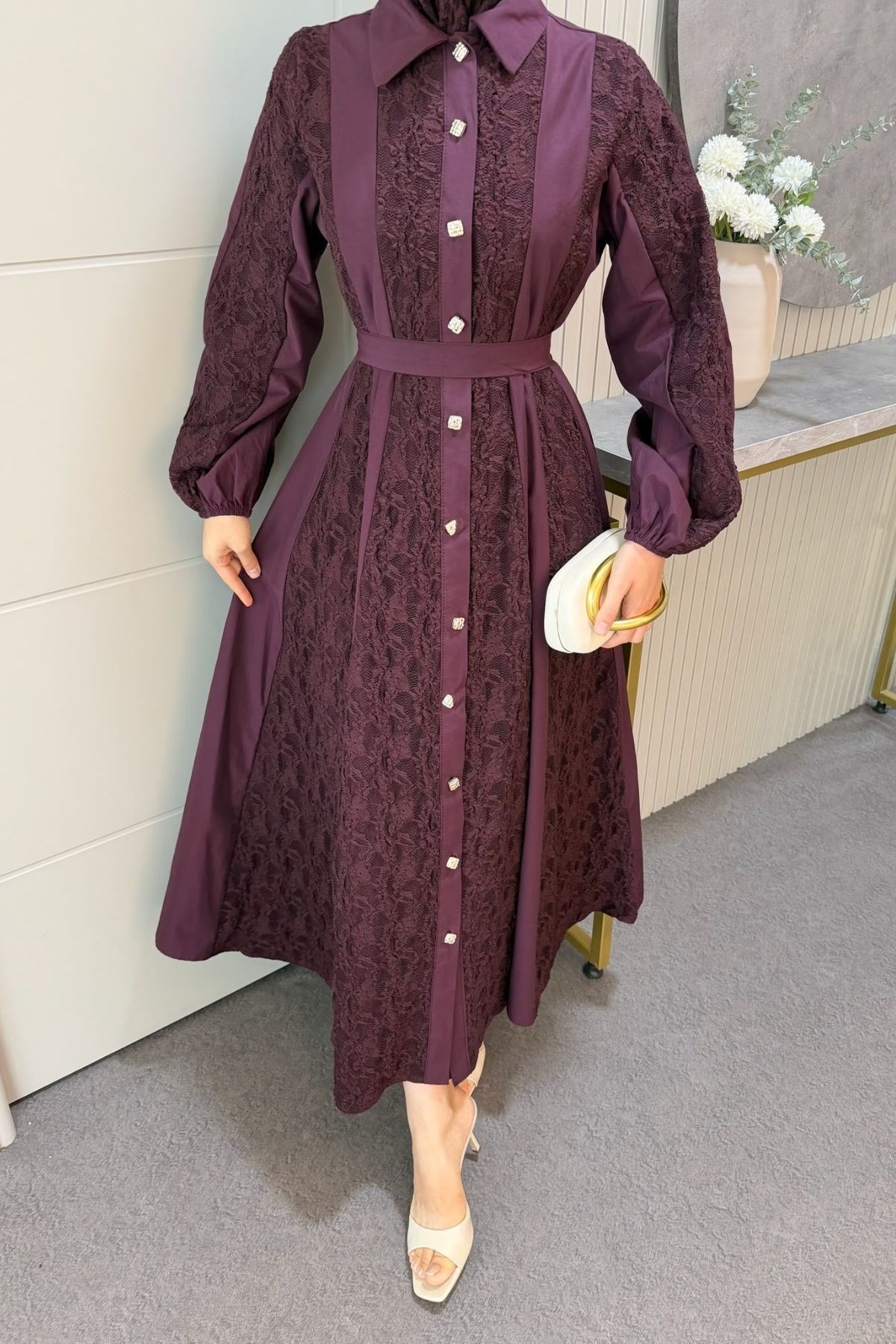 Romantik Dantel Detaylı Elbise Mürdüm, Fiyatları 