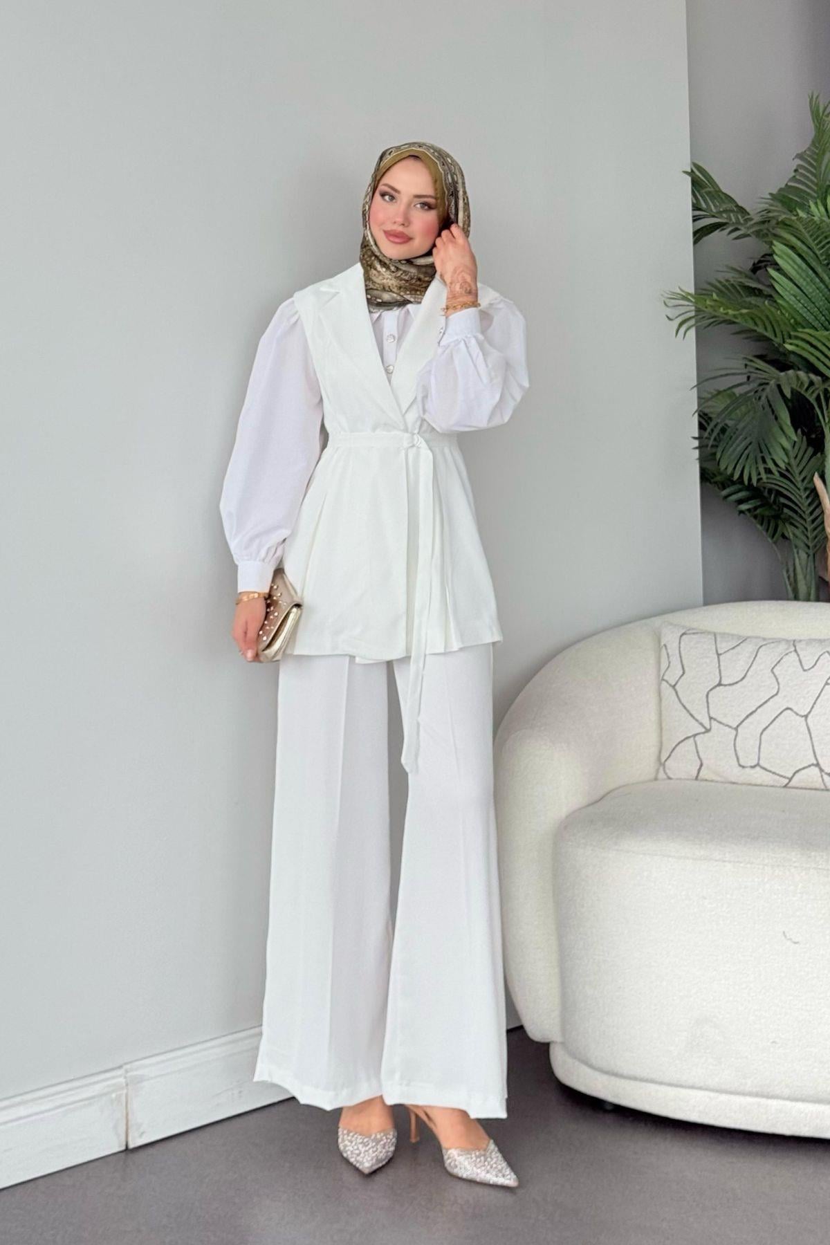 Ruha Yelekli Takım Beyaz, Fiyatları Ruha Yelekli Takım Beyaz- Haza Moda 