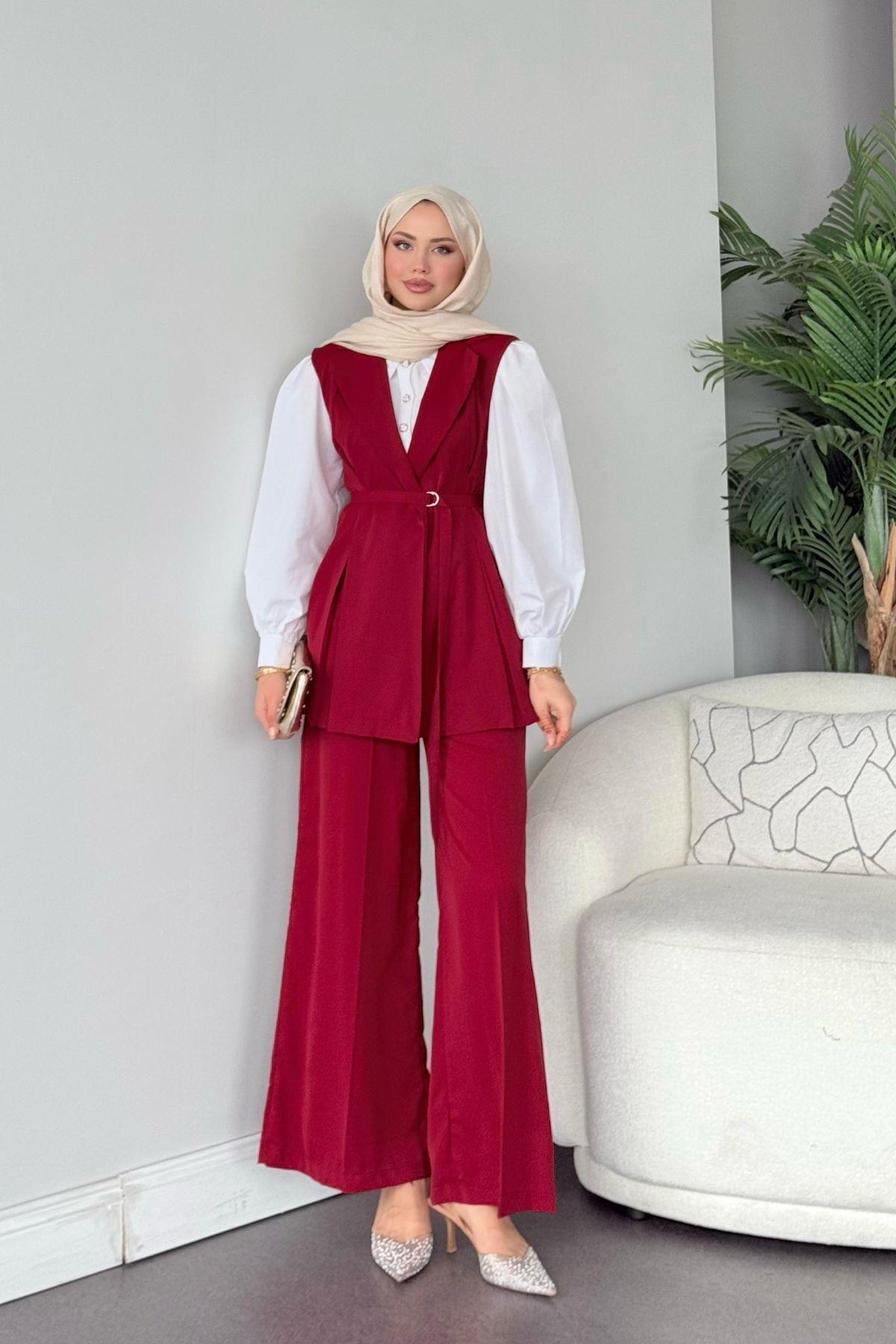 Ruha Yelekli Takım Bordo, Fiyatları Ruha Yelekli Takım Bordo- Haza Moda 