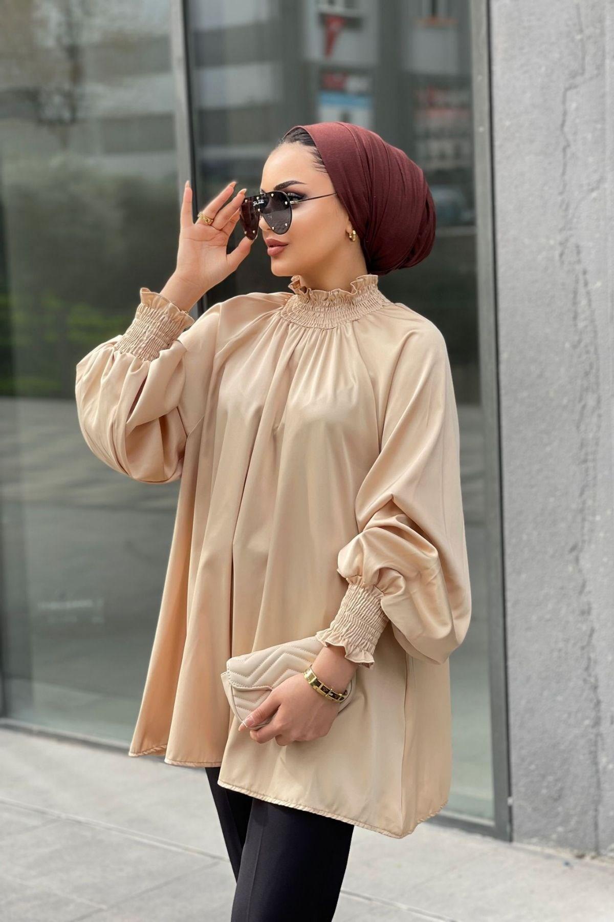 Saten Tasarım Gömlek-BEJ, Fiyatları Taş Gömlek-SİYAH – Haza Moda | Tesettür Giyim 
