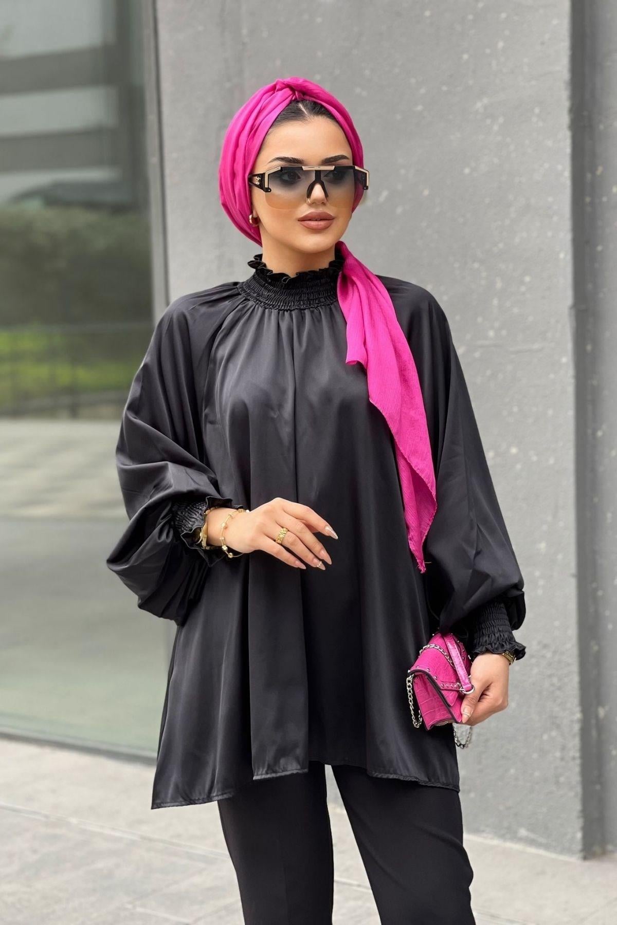 Saten Tasarım Gömlek-SİYAH, Fiyatları Taş Gömlek-SİYAH – Haza Moda | Tesettür Giyim 