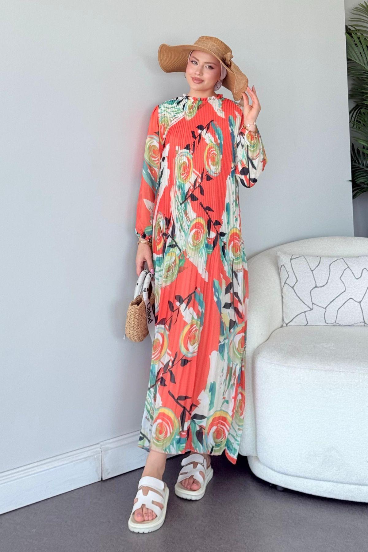 Şık Piliseli Elbise Turuncu, Fiyatları Şık Piliseli Elbise Turuncu - Haza Moda