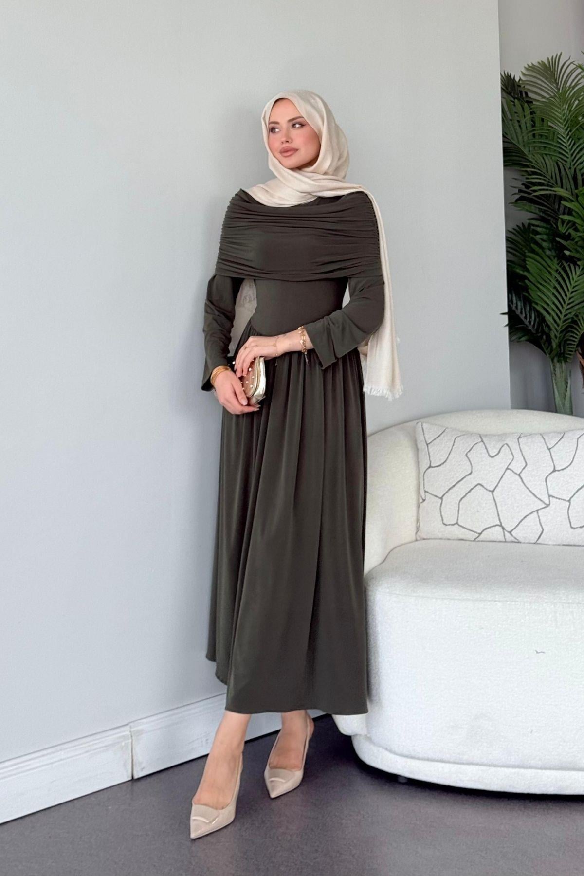 Sinem Sandy Elbise Haki, Fiyatları Sinem Sandy Elbise Haki- Haza Moda