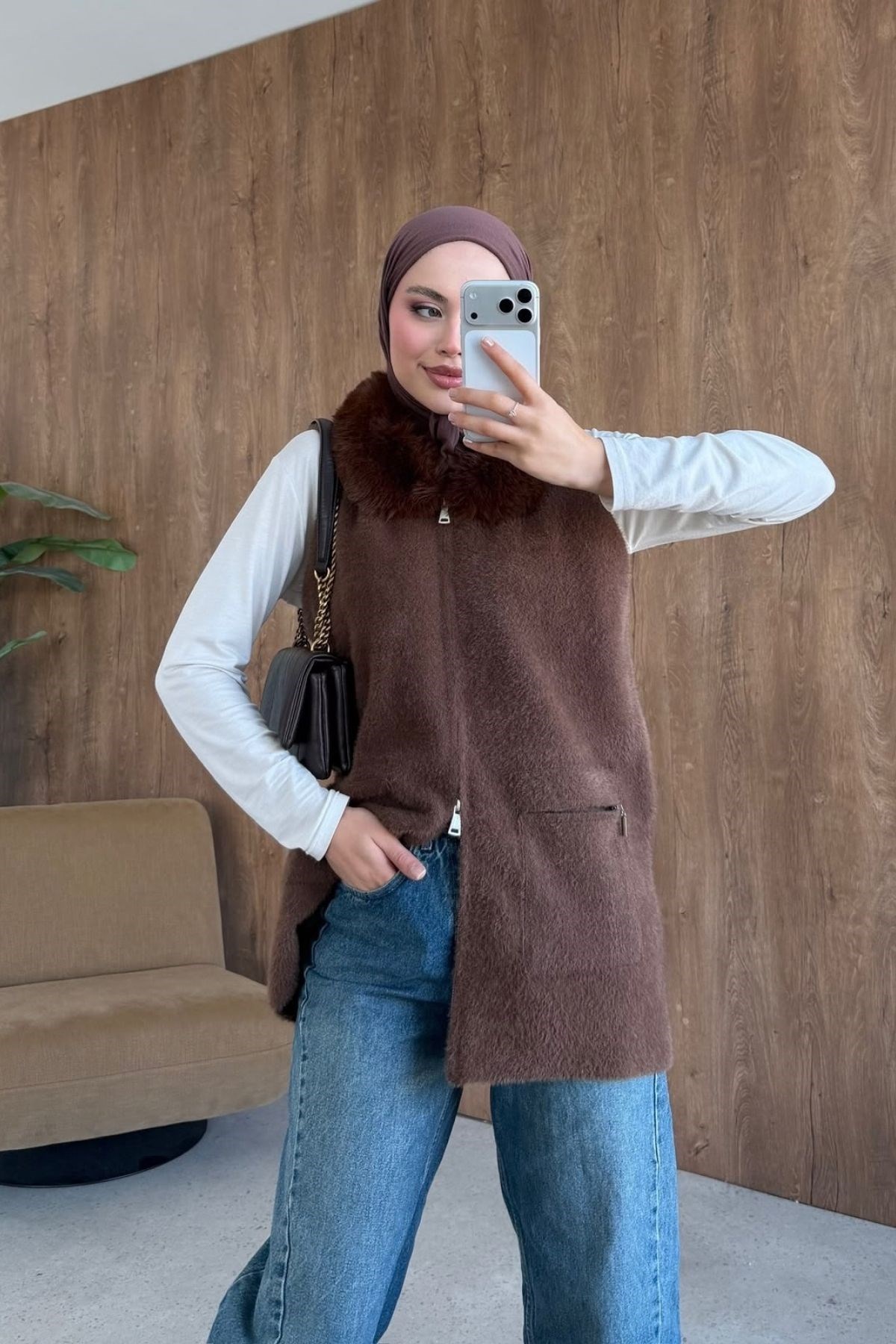 Soft Yakası Kürklü Yelek Kahve, Fiyatları 