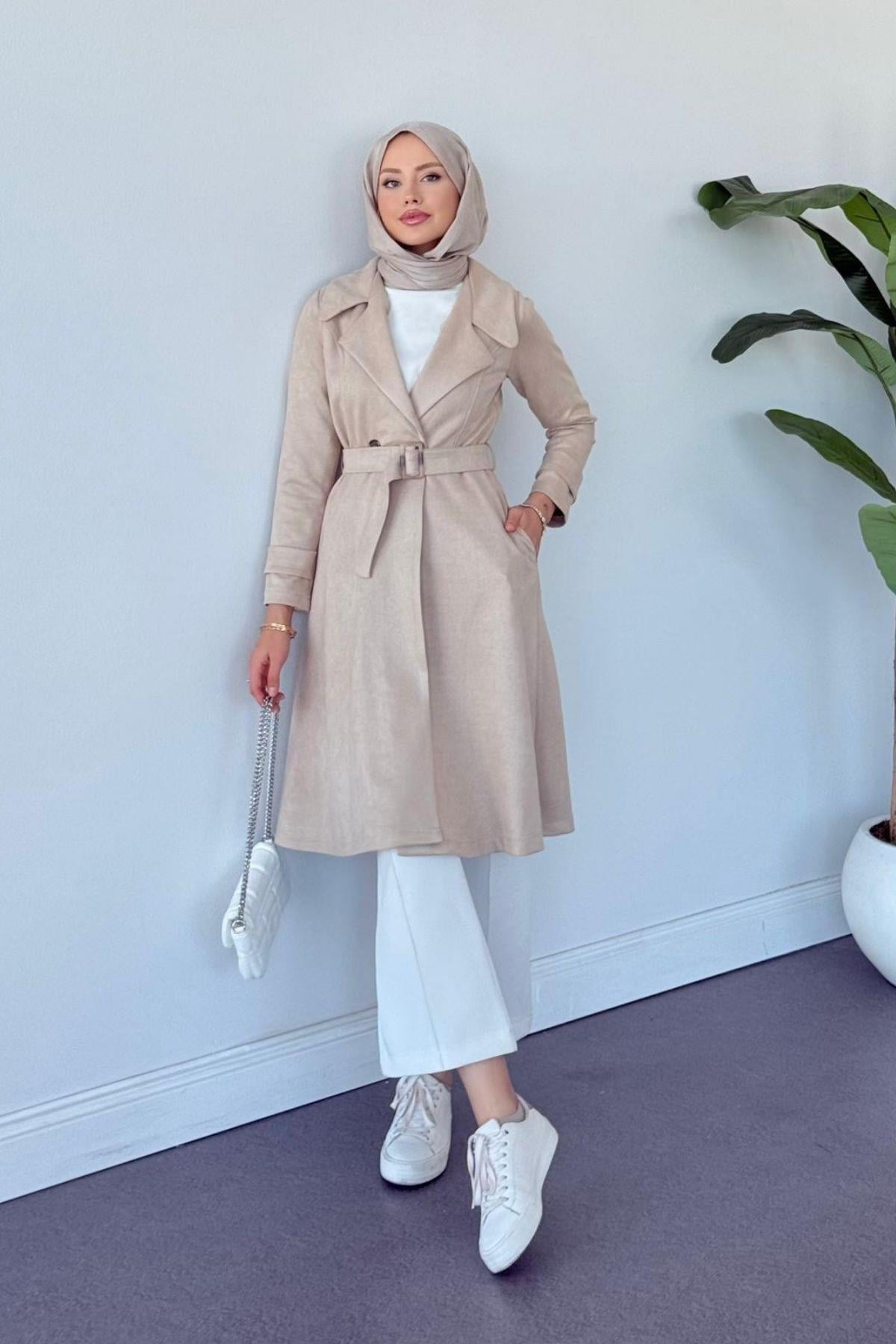 Süet Trençkot Bej, Fiyatları Süet Trençkot Bej- Haza Moda 
