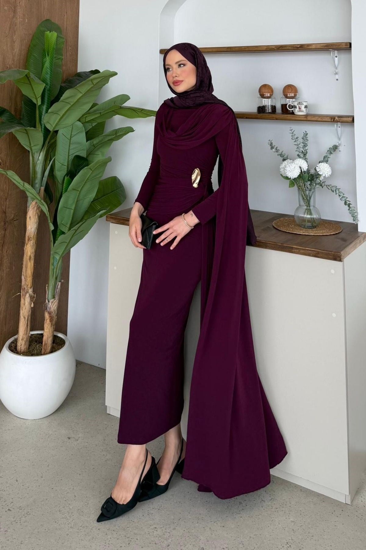 Sultan Şal Detay Elbise Mürdüm, Fiyatları Sultan Şal Detay Elbise Mürdüm| Haza Moda