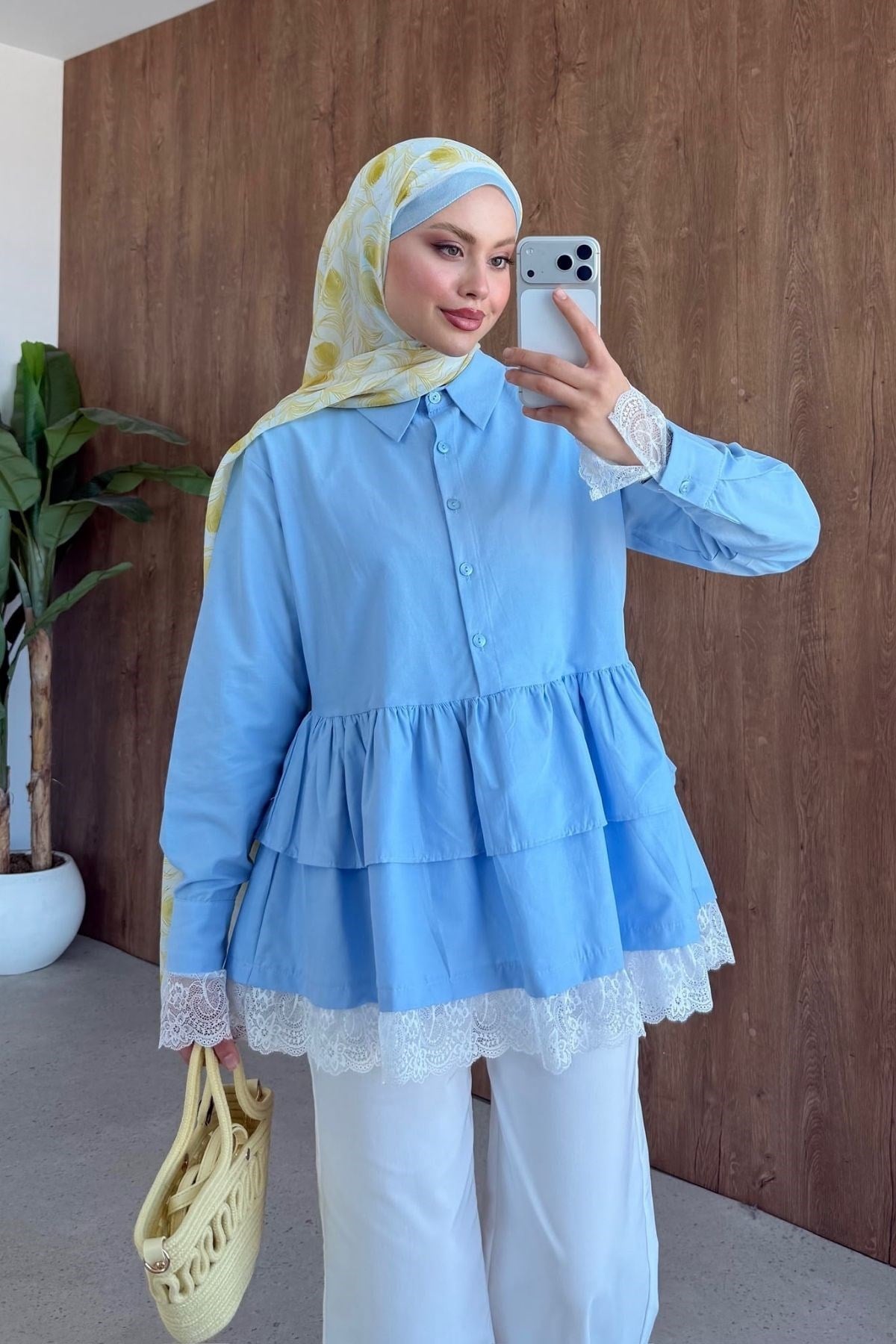 Sümbül Dantel Detay Gömlek Tunik Mavi, Fiyatları 