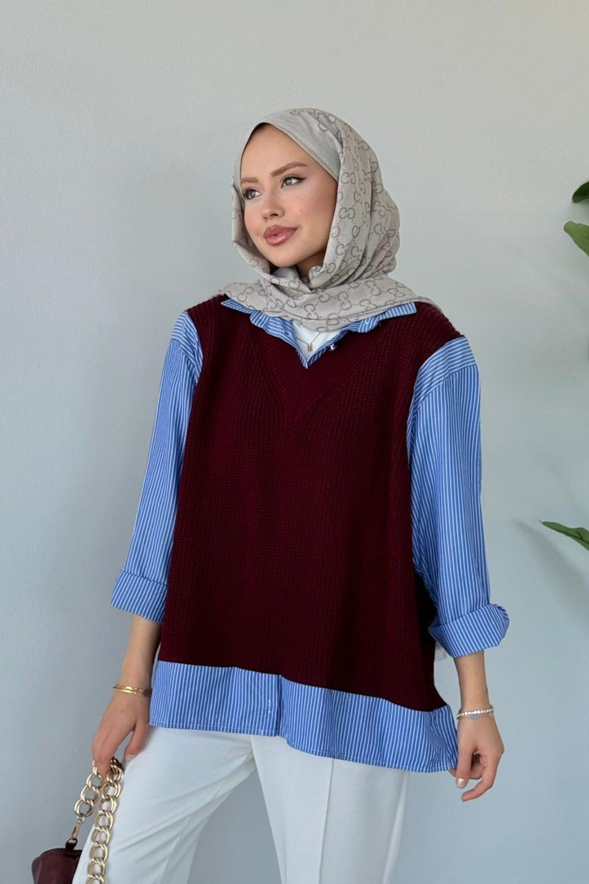 Süveterli Gömlek Bordo, Fiyatları Süveterli Gömlek Bordo - Haza Moda 