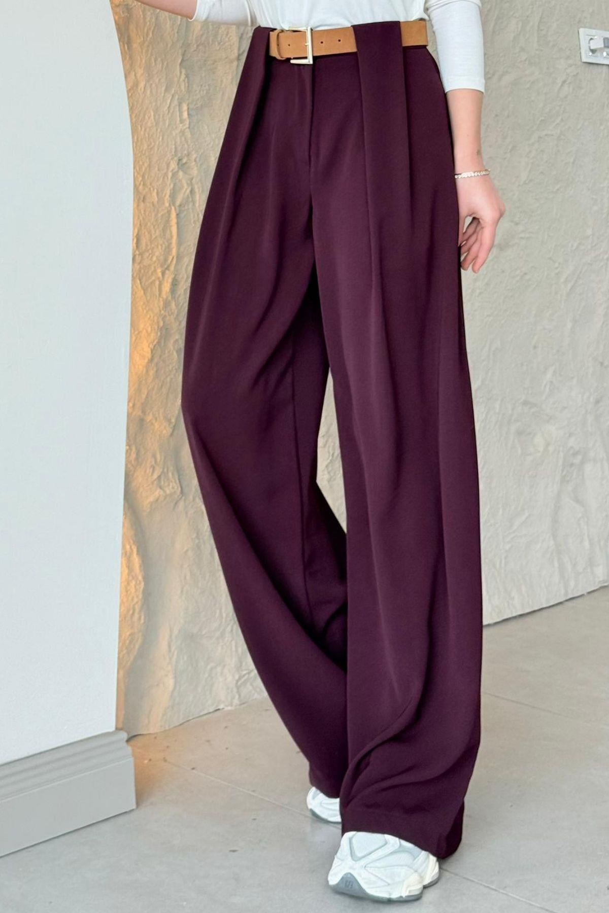 Taba Kmr Detaylı Palazzo Pantolon Mürdüm, Fiyatları Taba Kmr Detaylı Palazzo Pantolon Mürdüm| Haza Moda