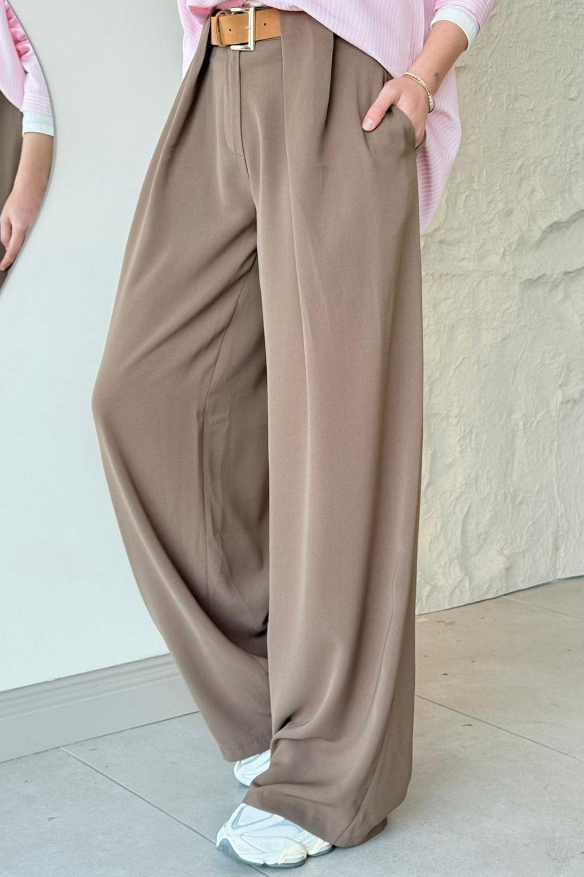 Taba Kmr Detaylı Palazzo Pantolon Vizon, Fiyatları Taba Kmr Detaylı Palazzo Pantolon Vizon | Haza Moda