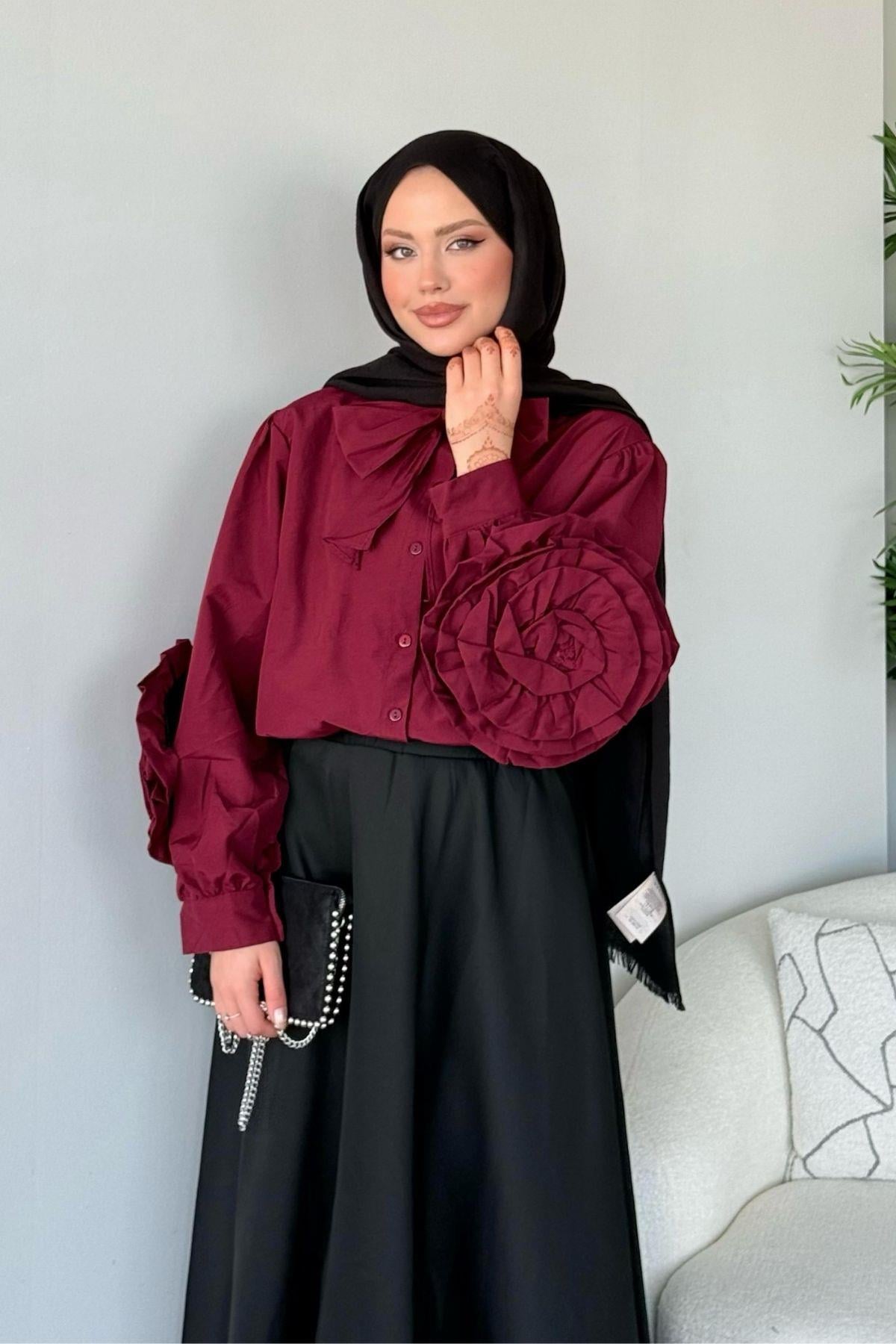 Tasarım Güllü Gömlek Bordo, Fiyatları 