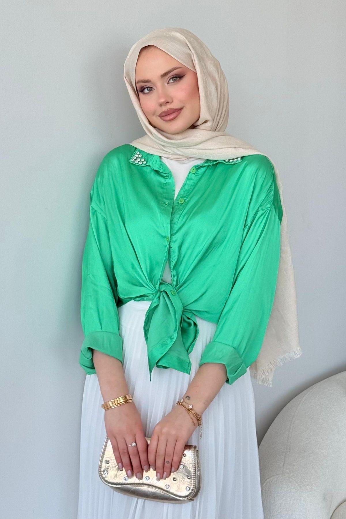 Taşlı Saten Gömlek Açıkyeşil, Fiyatları Taşlı Saten Gömlek Açıkyeşil - Haza Moda 