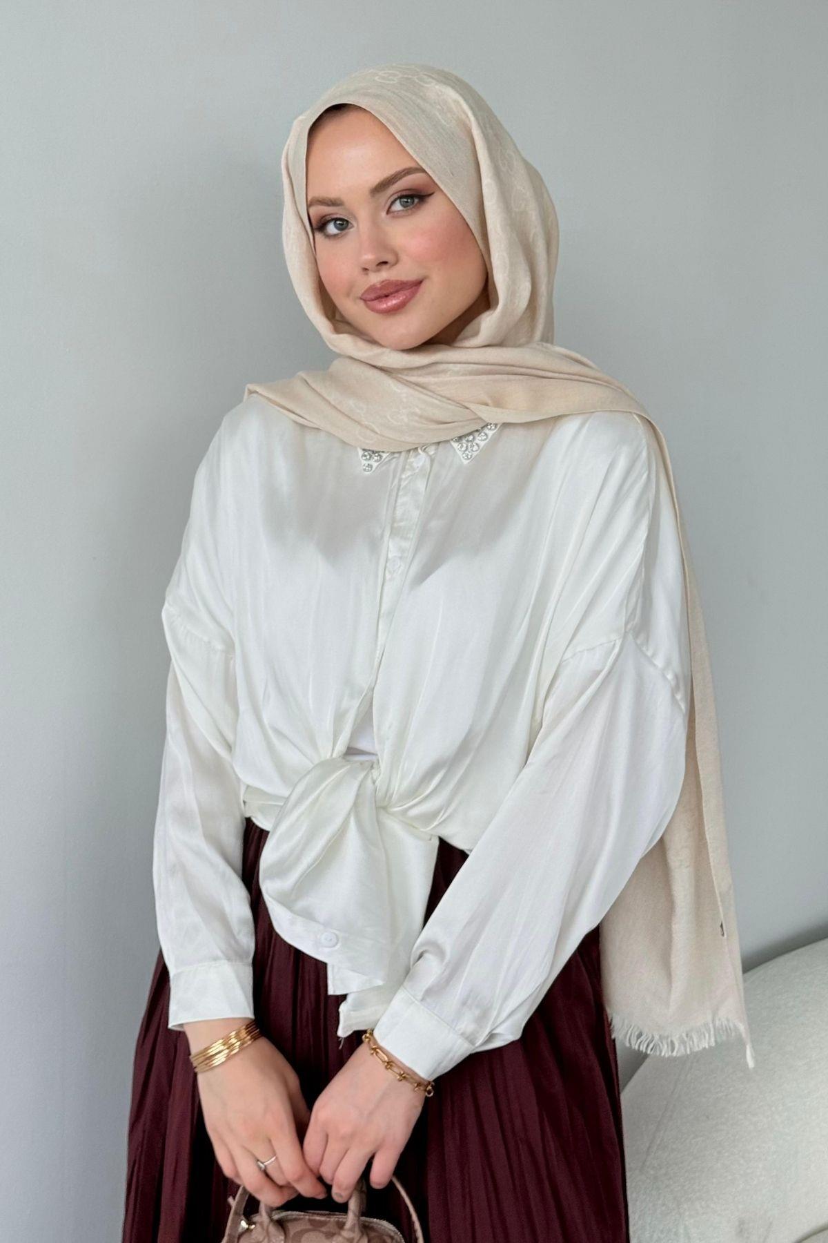 Taşlı Saten Gömlek Ekru, Fiyatları Taşlı Saten Gömlek Ekru - Haza Moda 
