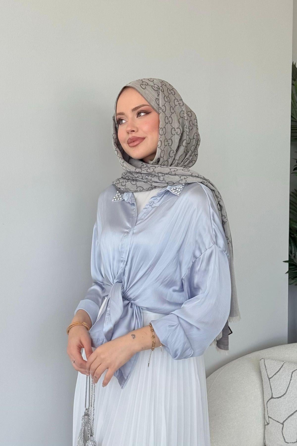 Taşlı Saten Gömlek Gri, Fiyatları Taşlı Saten Gömlek Gri - Haza Moda 