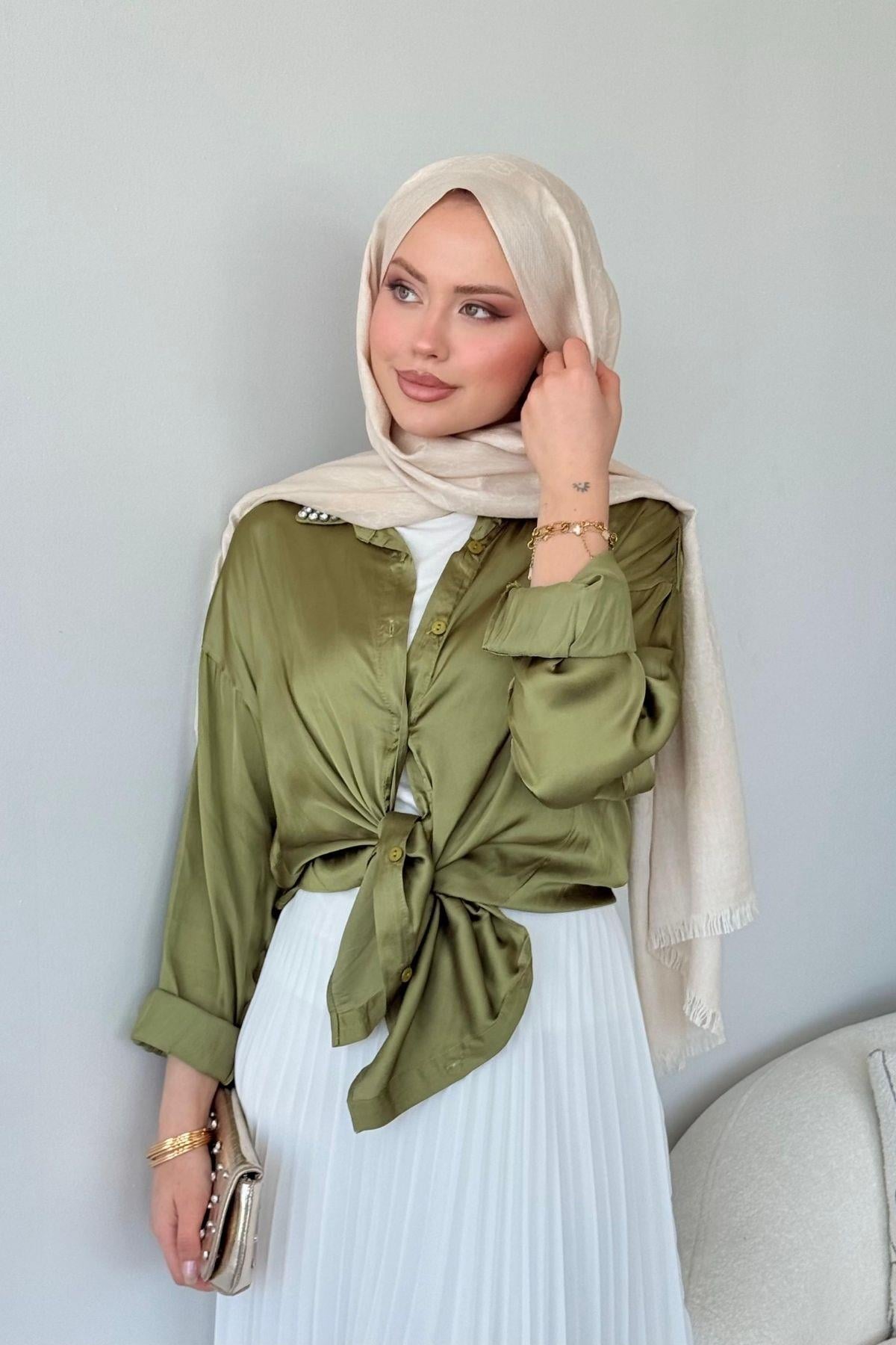 Taşlı Saten Gömlek Haki, Fiyatları Taşlı Saten Gömlek Haki - Haza Moda 