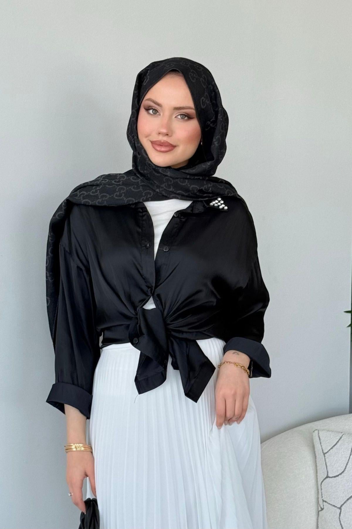 Taşlı Saten Gömlek Siyah, Fiyatları Taşlı Saten Gömlek Siyah - Haza Moda 