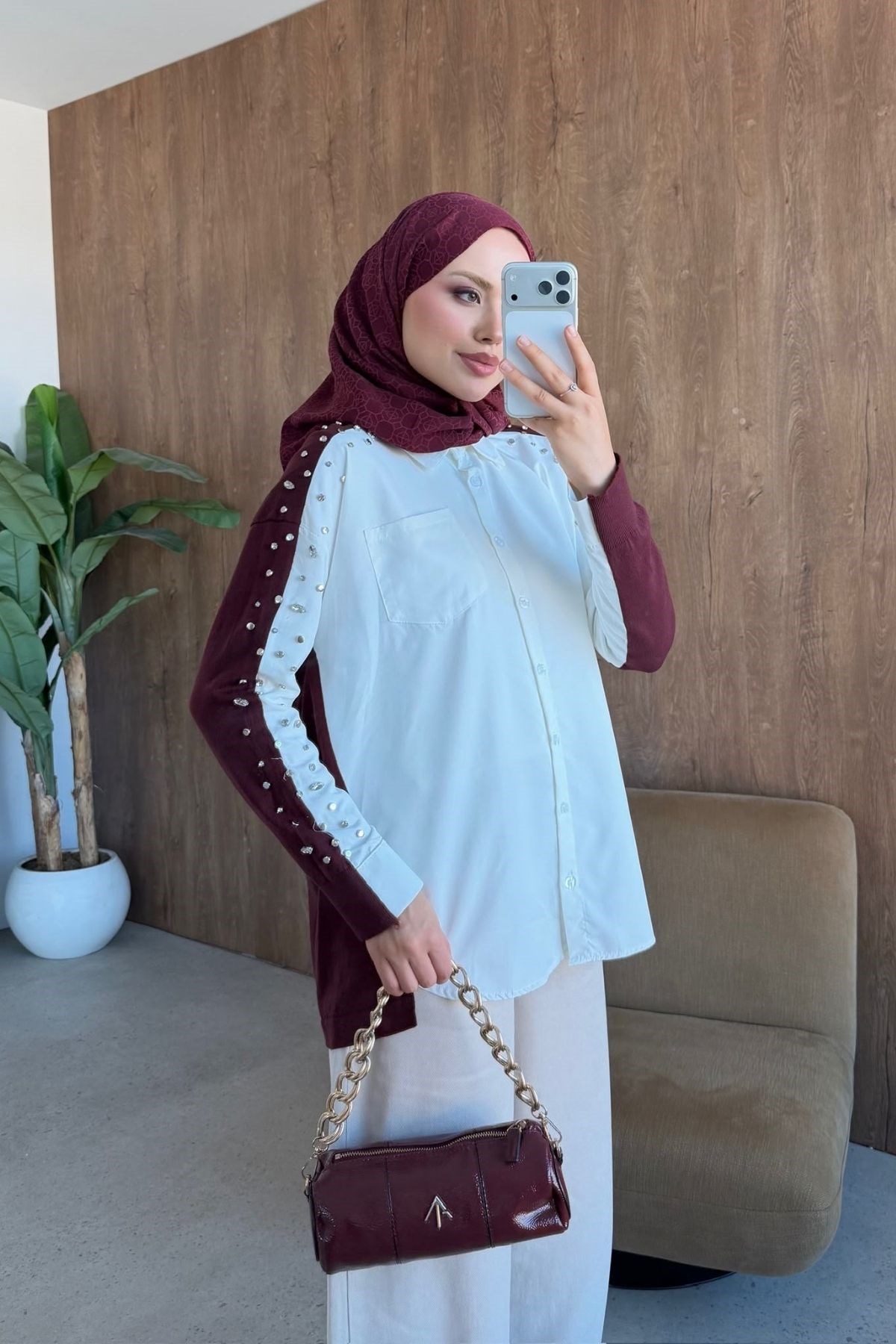Taşlı Triko Detay Gömlek Bordo, Fiyatları 