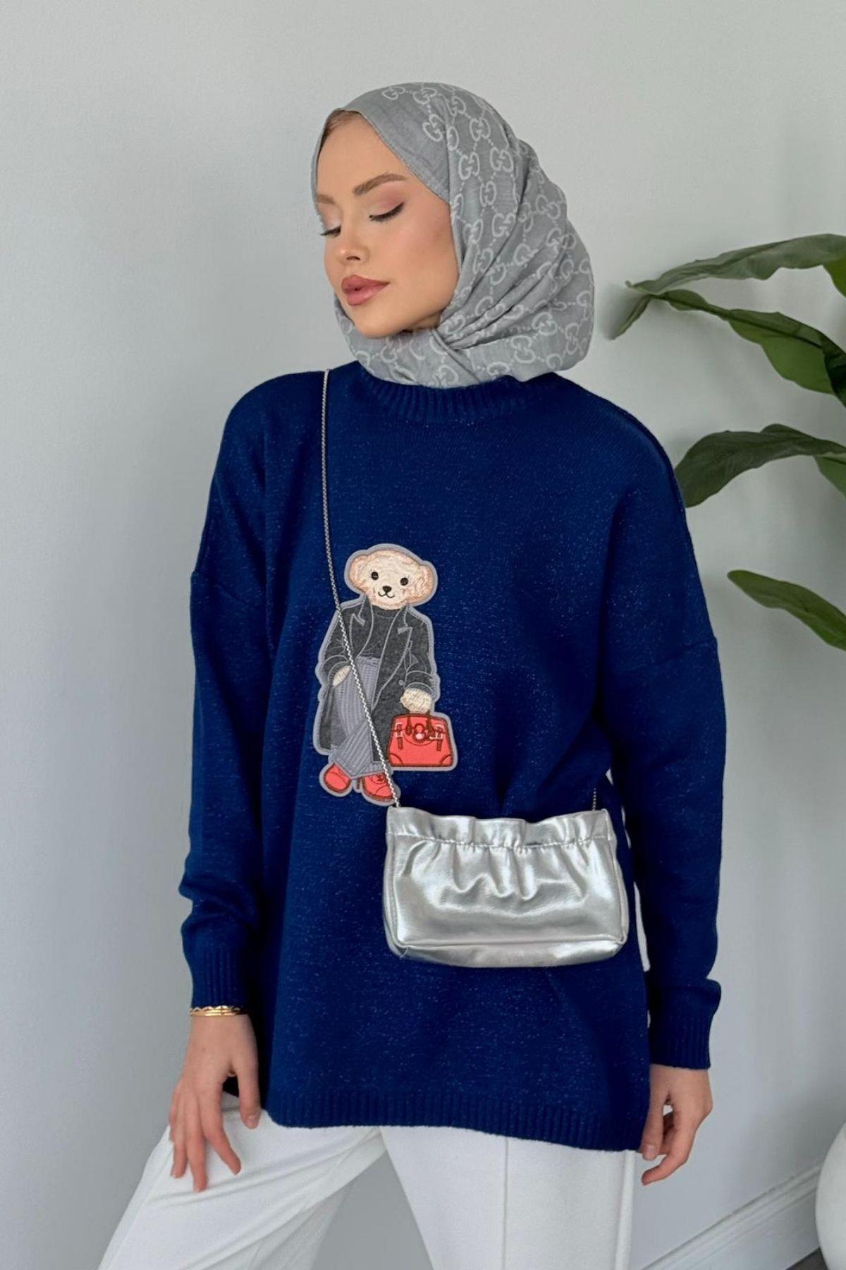 Tomy Muadil Kazak Saks, Fiyatları Erciyes Simli Kazak Lacivert - Haza Moda 