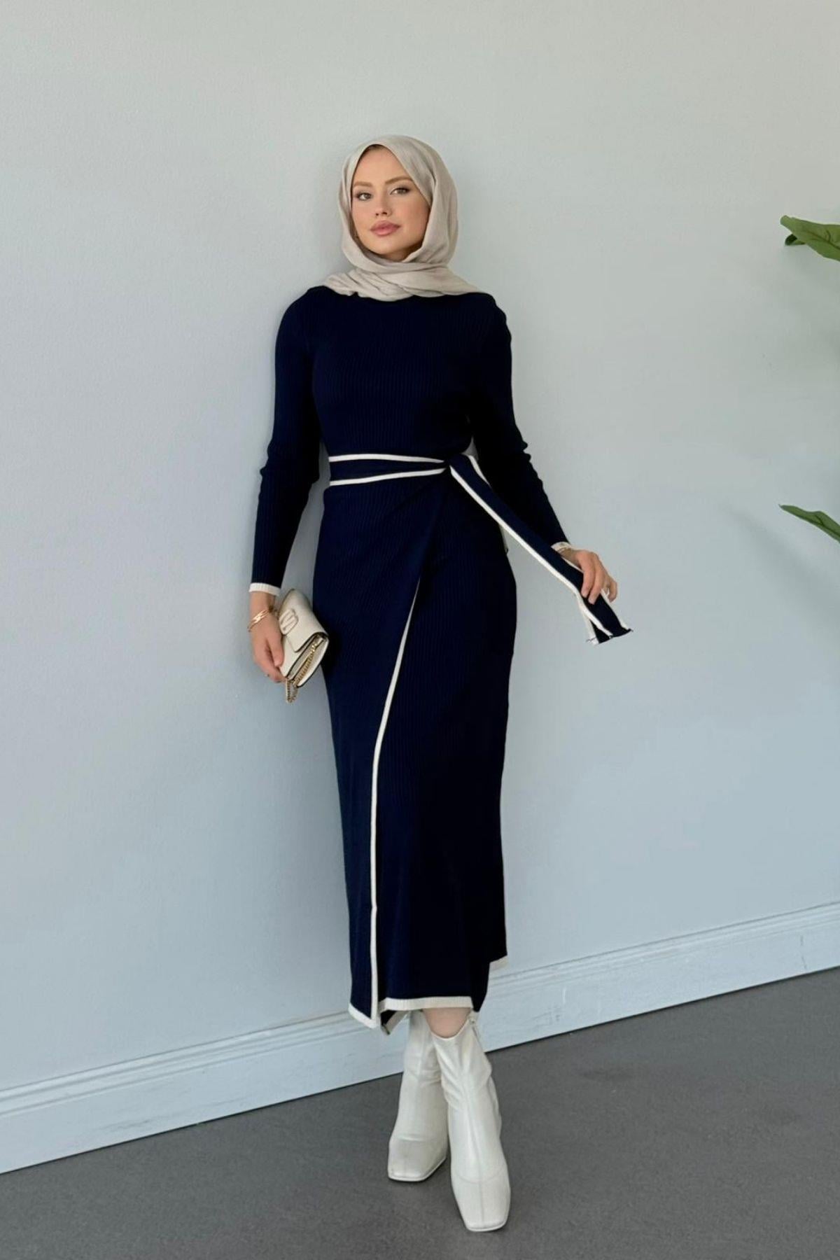 Valnet Bağlamalı Triko Elbise Lacivert, Fiyatları Valnet Bağlamalı Triko Elbise Lacivert- Haza Moda