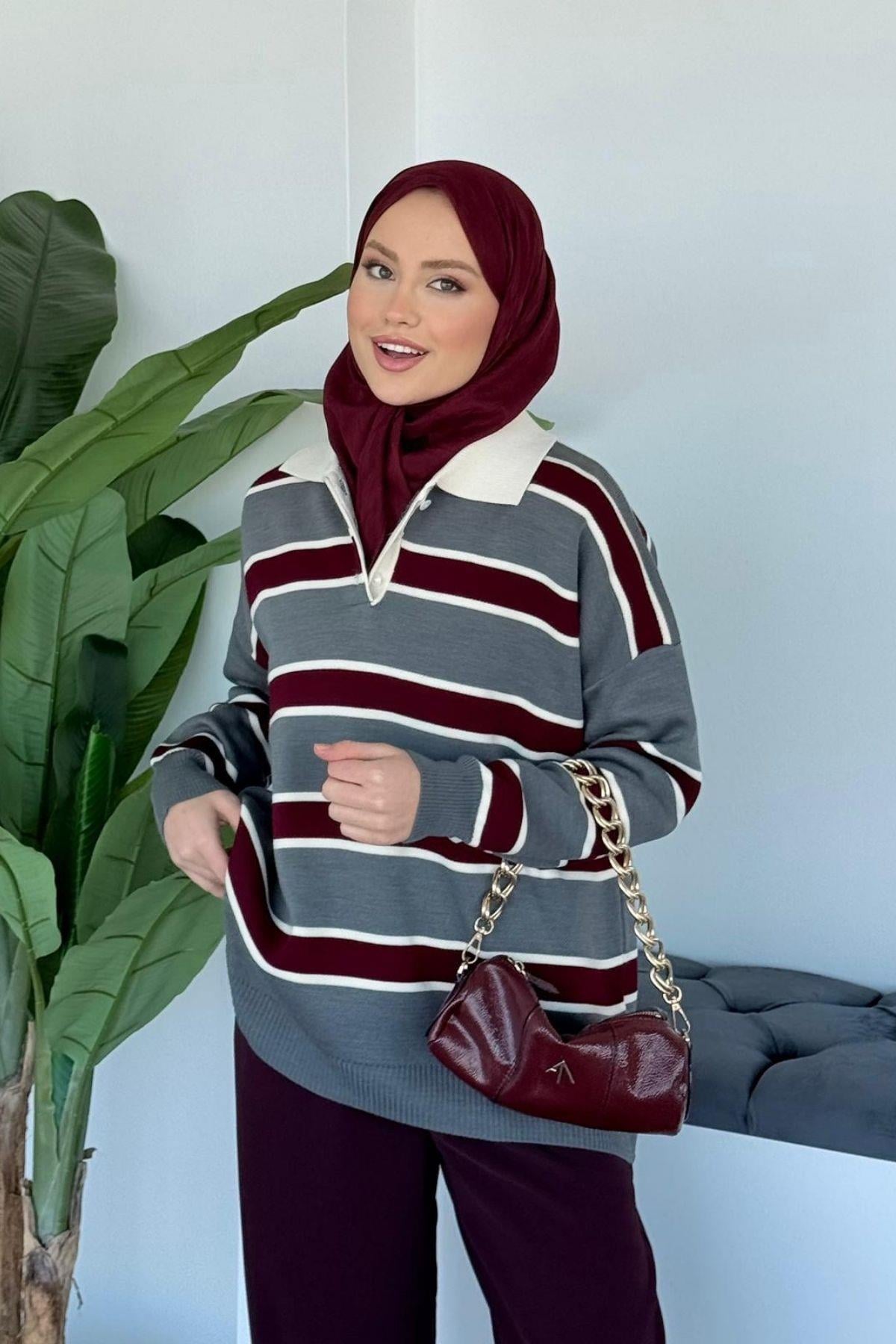 Yakalı Pike Çizgili Kazak Gri, Fiyatları Yakalı Pike Çizgili Kazak Gri| Haza Moda