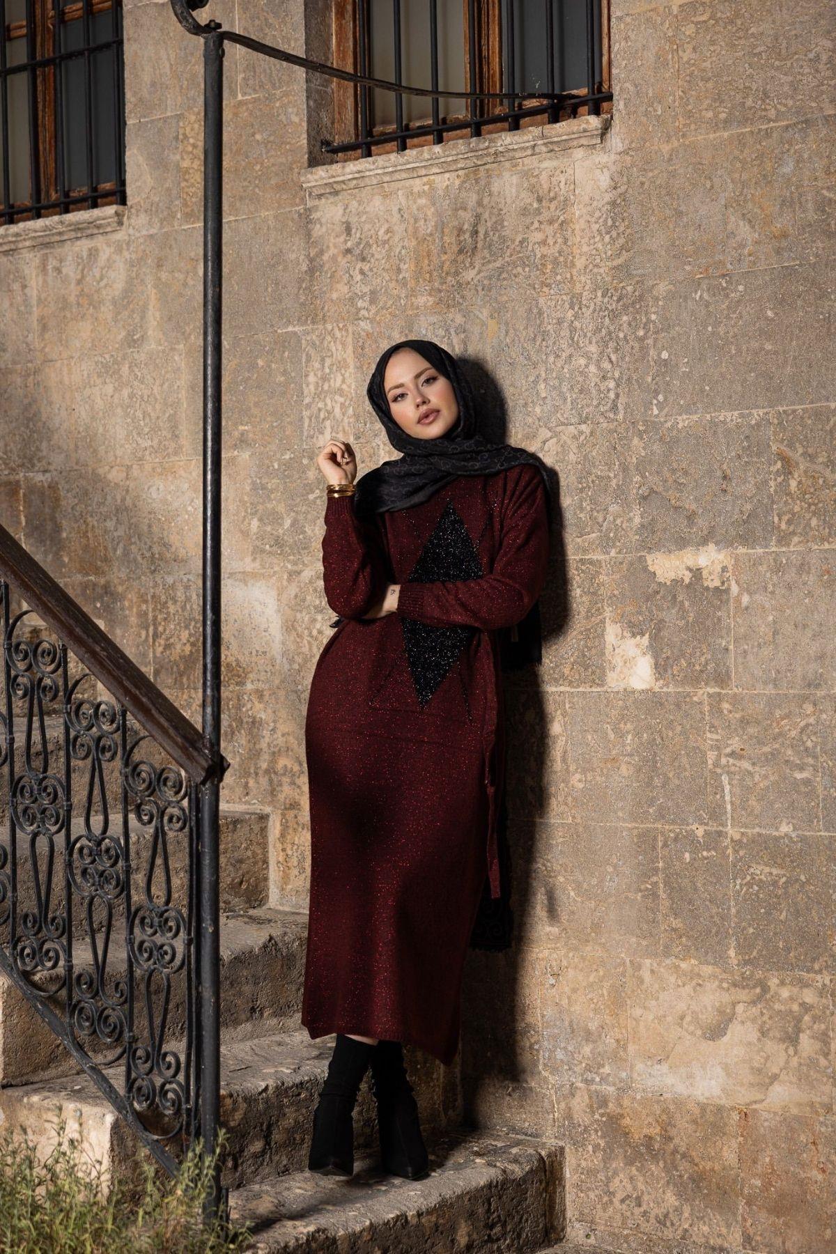 Yıldız Simli Triko Elbise Bordo, Fiyatları Yıldız Simli Triko Elbise Bordo- Haza Moda
