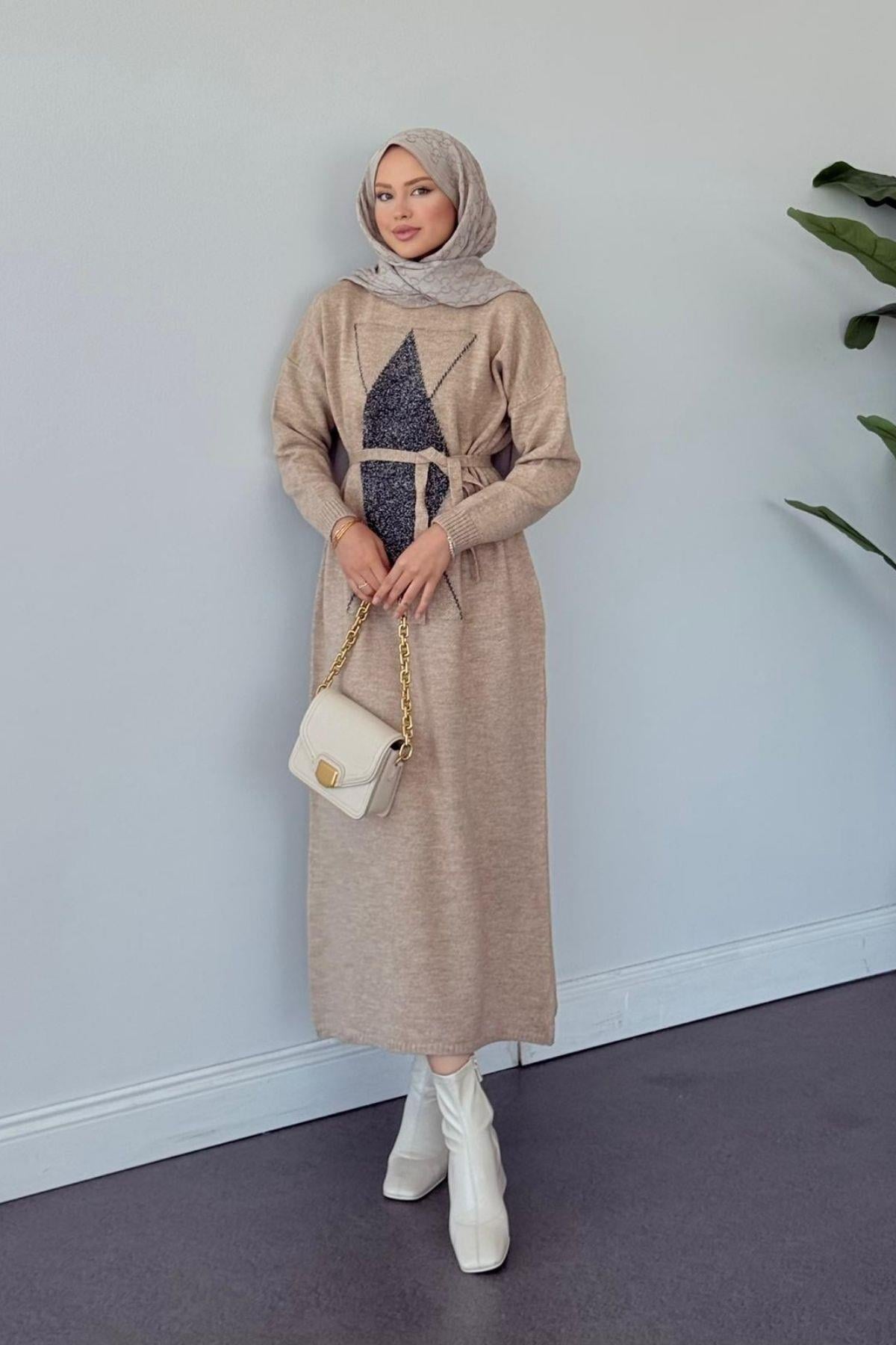 Yıldız Simli Triko Elbise Krem, Fiyatları Yıldız Simli Triko Elbise Kahve- Haza Moda