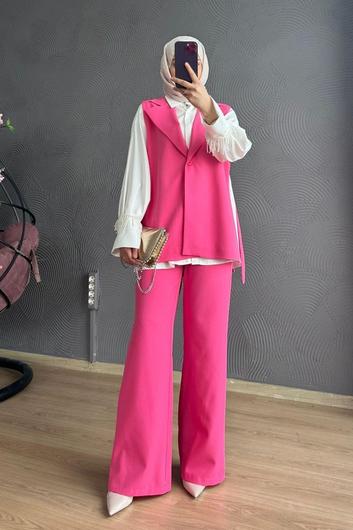 Yırtmaçlı Yelek Takım Pembe, Fiyatları Yırtmaçlı Yelek Takım Pembe – Haza Moda | Tesettür Giyim