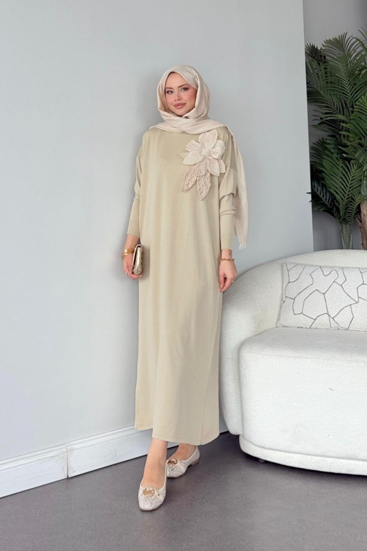 Zambak Merserize Elbise Bej, Fiyatları Zambak Merserize Elbise Bej- Haza Moda 