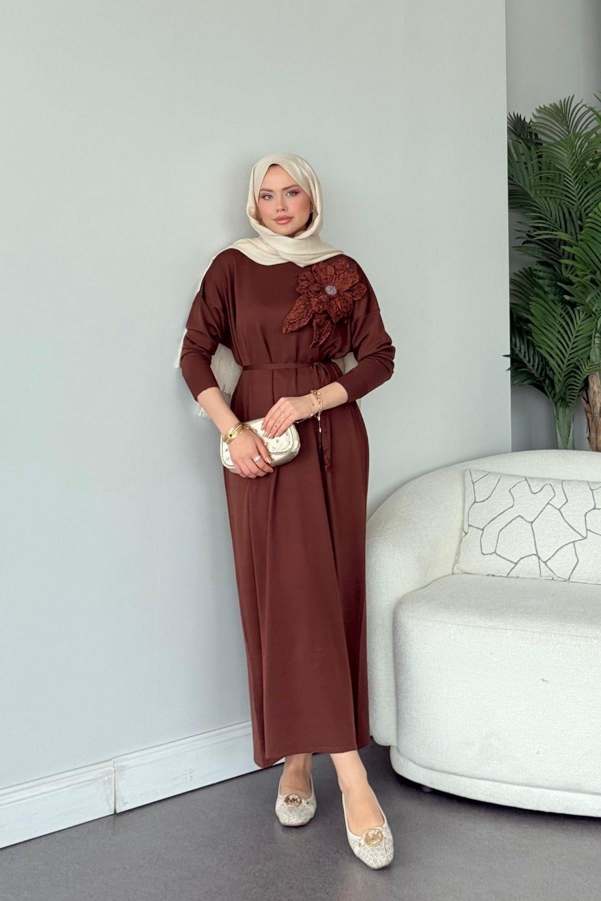 Zambak Merserize Elbise Kahve, Fiyatları Zambak Merserize Elbise Kahve- Haza Moda 