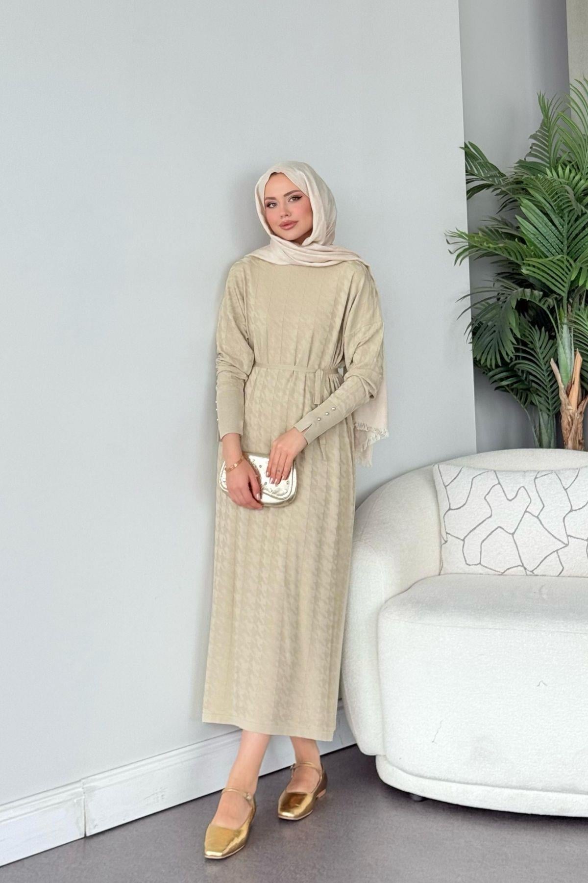 Zımbalı Merserize Elbise Bej, Fiyatları Zımbalı Merserize Elbise Kahve - Haza Moda 