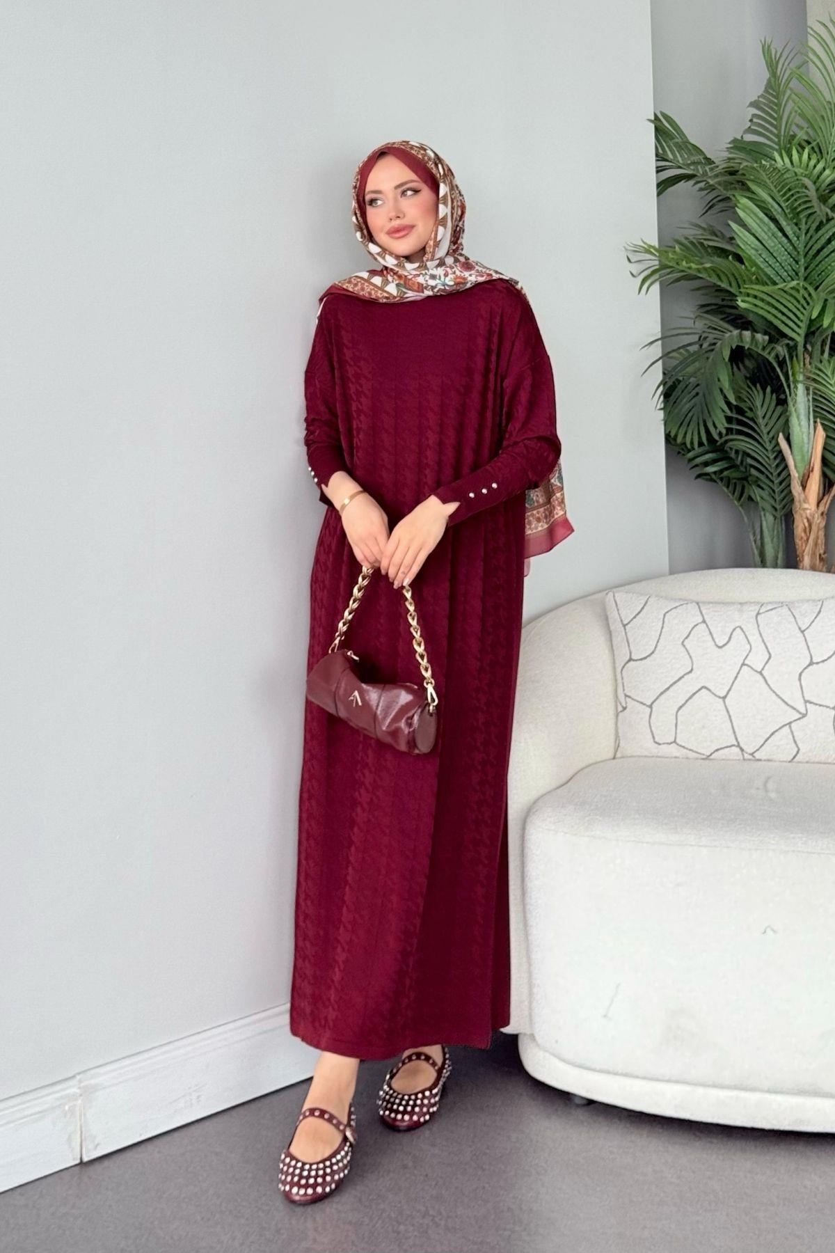 Zımbalı Merserize Elbise Bordo, Fiyatları Zımbalı Merserize Elbise Bordo- Haza Moda 