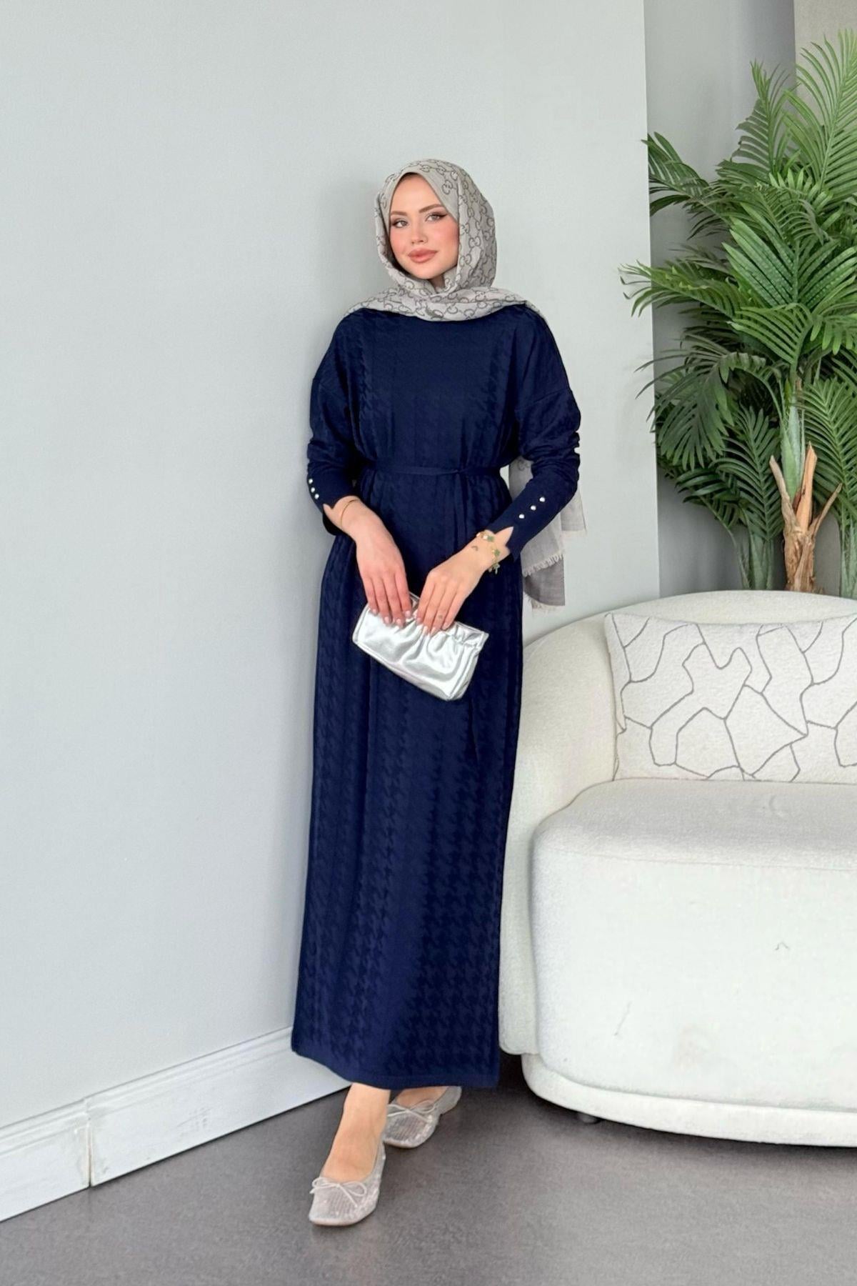 Zımbalı Merserize Elbise Lacivert, Fiyatları Zımbalı Merserize Elbise Lacivert- Haza Moda 