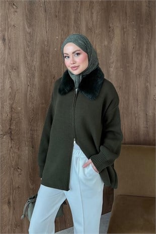 Afrodit Kürk Yaka Hırka Haki , Fiyatları Afrodit Kürk Yaka Hırka Haki  | Haza Moda