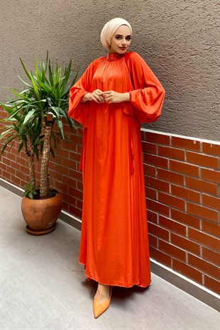 Boncuk Abiye-ORANJ, Fiyatları Beli Drapeli Saten Abiye-MAVİ – Haza Moda | Tesettür Giyim
