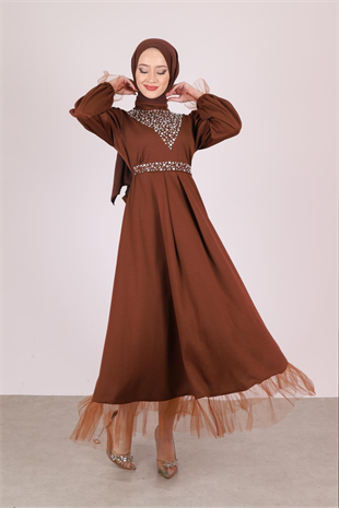 Kemeri Taşlı Abiye Elbise Kahve – Haza Moda | Tesettür Giyim