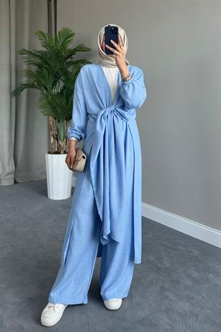 Keten Kimonolu Takım Mavi, Fiyatları Keten Kimonolu Takım Mavi – Haza Moda | Tesettür Giyim