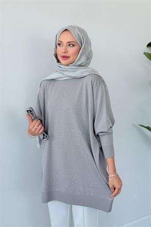 Movi Taşlı Merserize Tunik Gri, Fiyatları Movi Taşlı Merserize Tunik  Gri- Haza Moda 