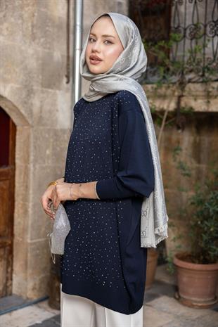Movi Taşlı Merserize Tunik Lacivert , Fiyatları Movi Taşlı Merserize Tunik  Lacivert - Haza Moda 