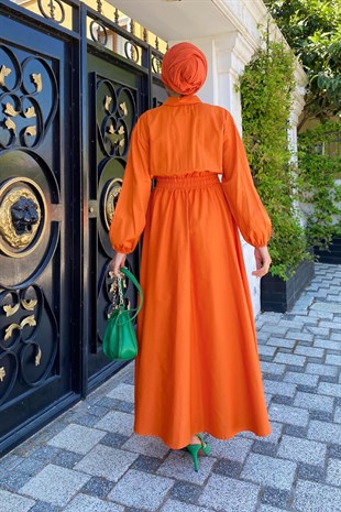Önden Cepli Beli Büzgülü Elbise Oranj