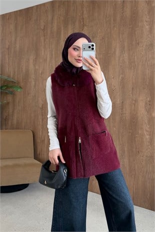 Soft Yakası Kürklü Yelek Mürdüm , Fiyatları Soft Yakası Kürklü Yelek Mürdüm  | Haza Moda